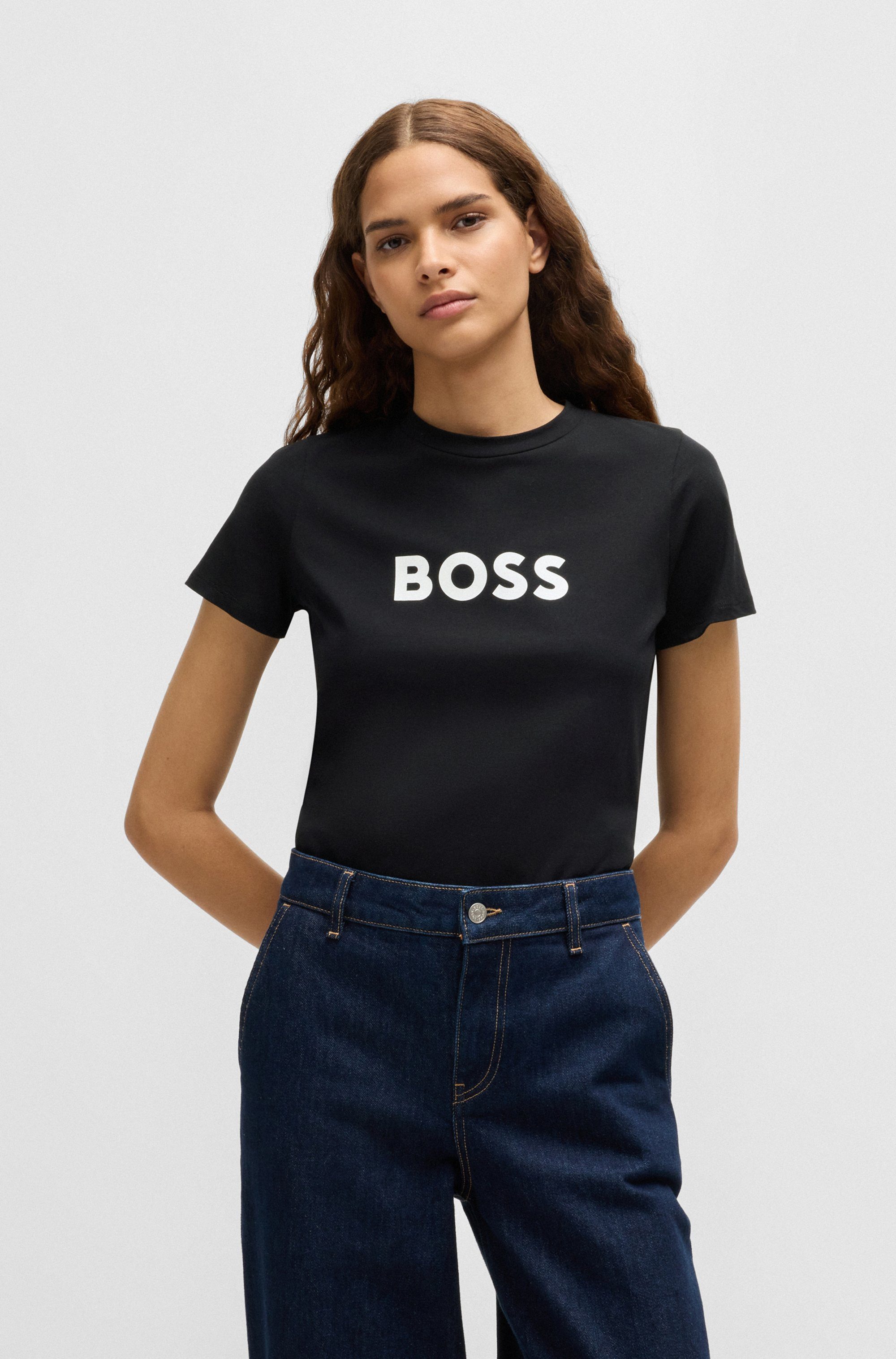 Boss Orange T-shirt C_Elogo_5 met contrasterende gekleurde boss print dames t-shirts maat L (40) zwart