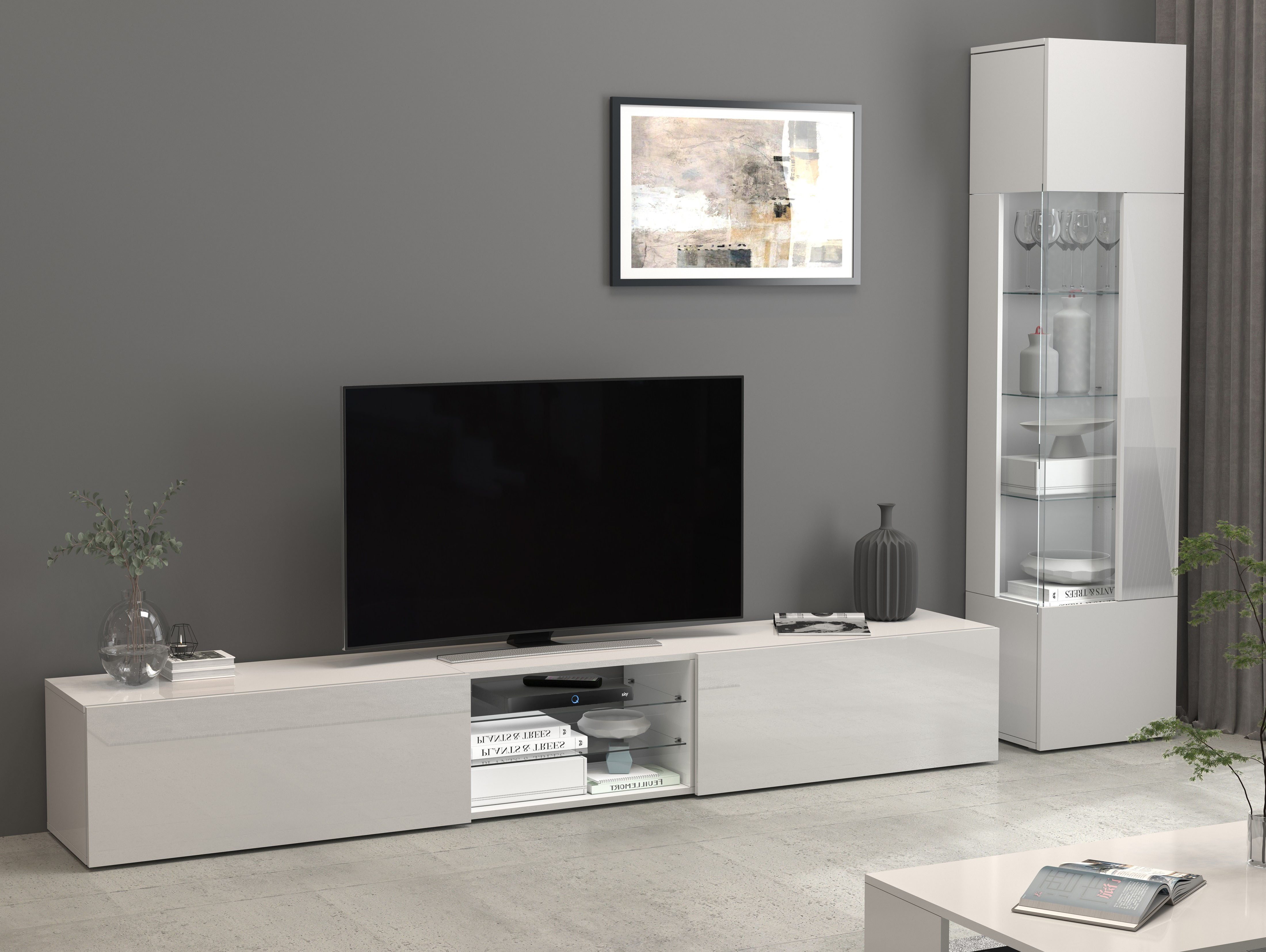 INOSIGN Tv-meubel Egypt, Lowboard, TV-ladekast, TV-meubel, TV-bank met 2 kleppen, 2 glazen planken, volledig hoogglans gelakt (b/d/h) 240x38x35 cm