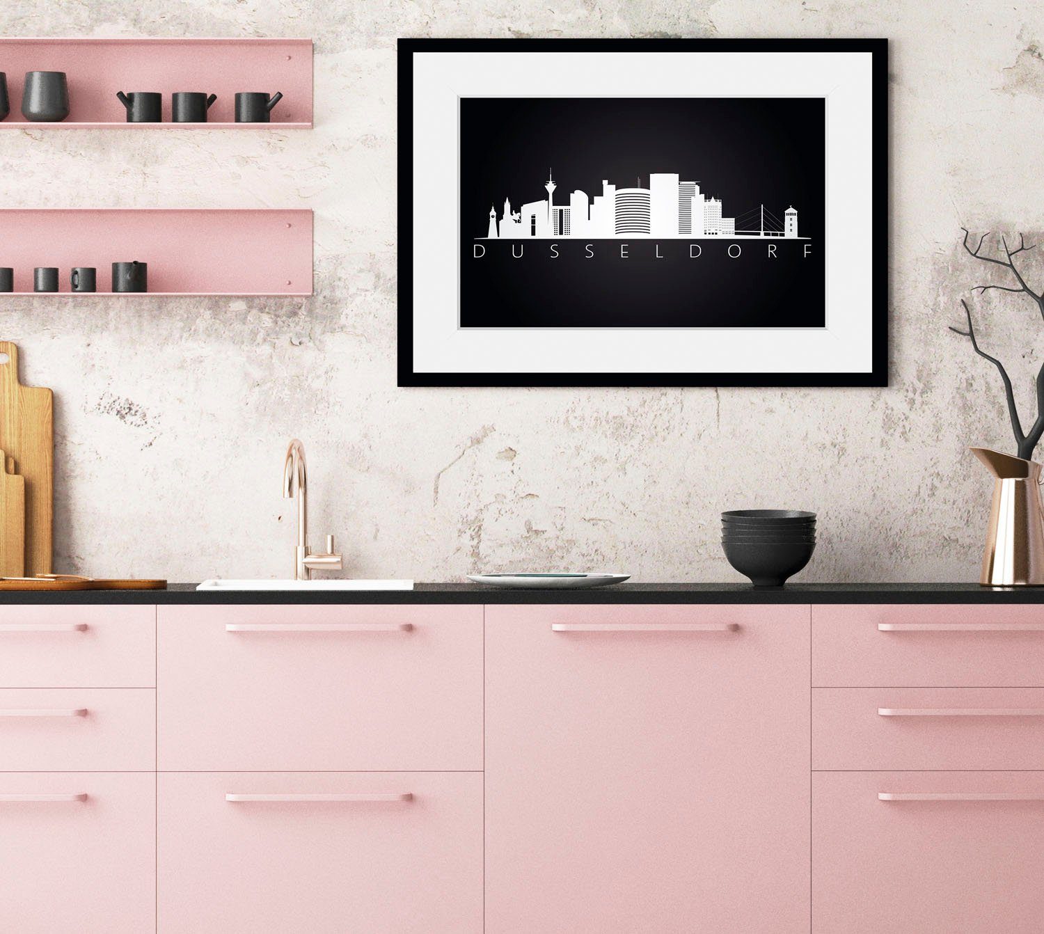 queence Wanddecoratie Düsseldorf bezienswaardigheden HD premium posterdruk incl. houten lijst (1 stuk) schilderijen maat 50 cm x 40 cm zwart