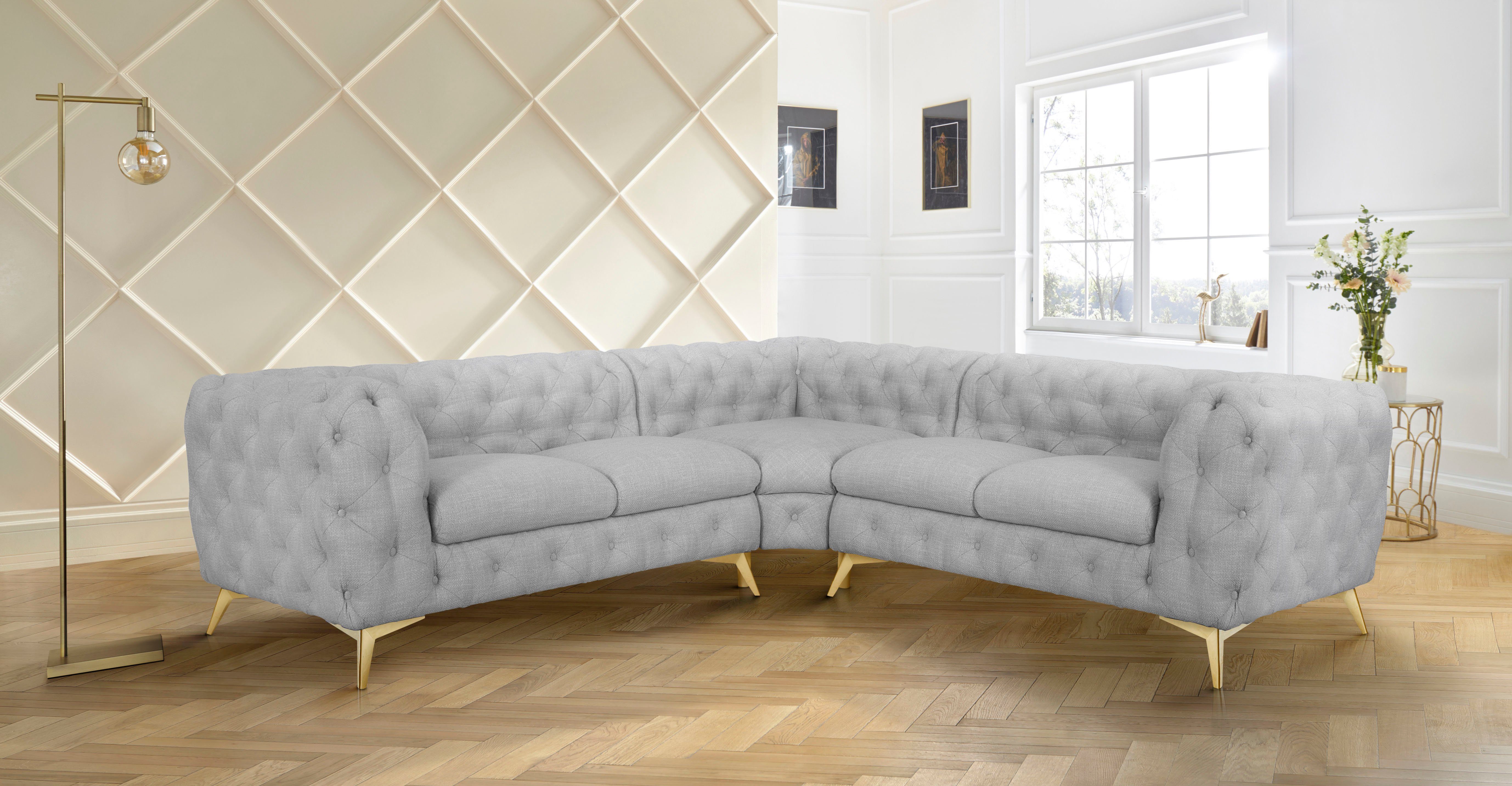 Leonique Chesterfield-bank Glynis L-vorm luxueuze capitonnage, moderne chesterfield look, kleur van de poten ter keuze
