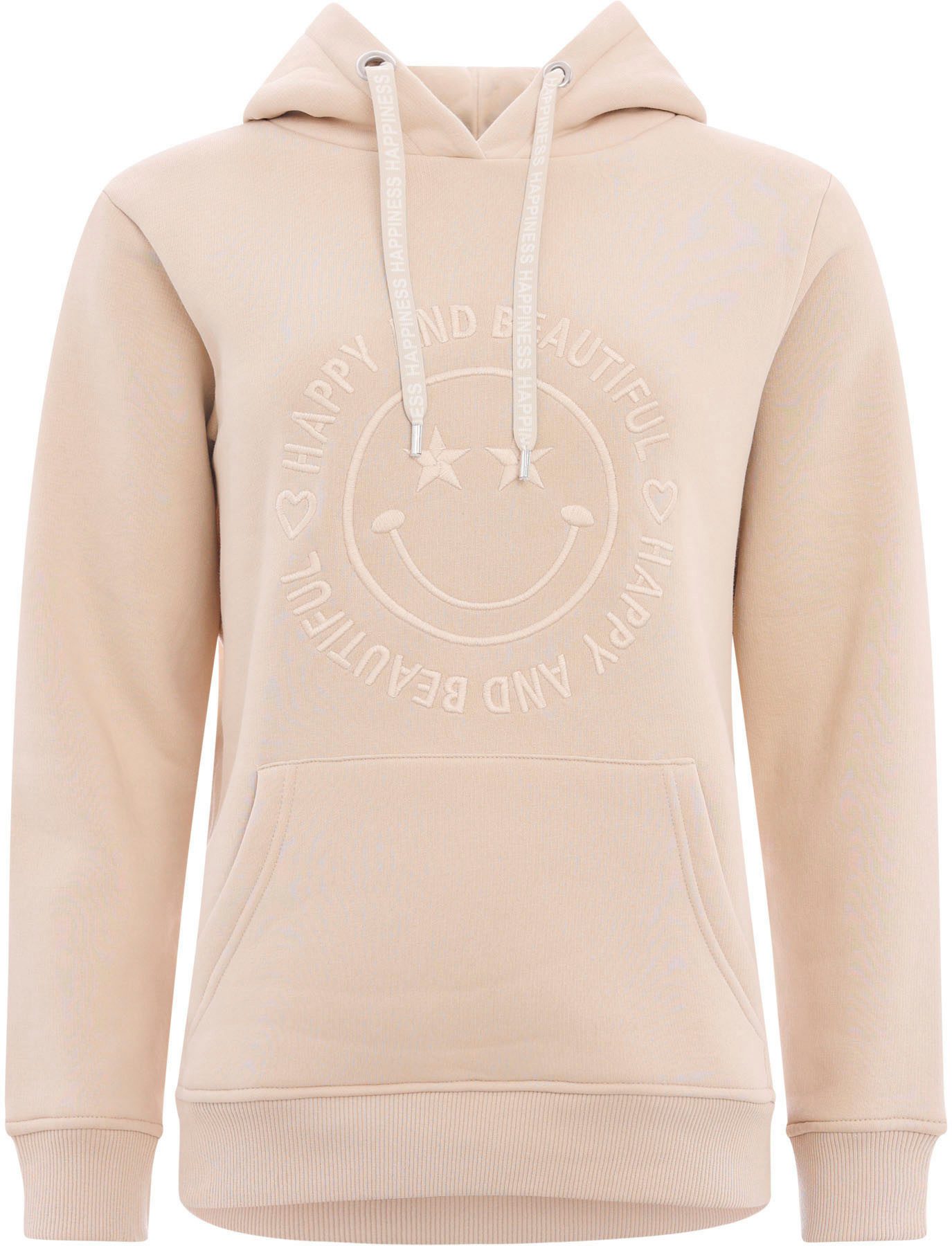 Zwillingsherz Hoodie Happy and Beautiful met gelijkkleurige smiley-borduursel en bindbanden met inscriptie