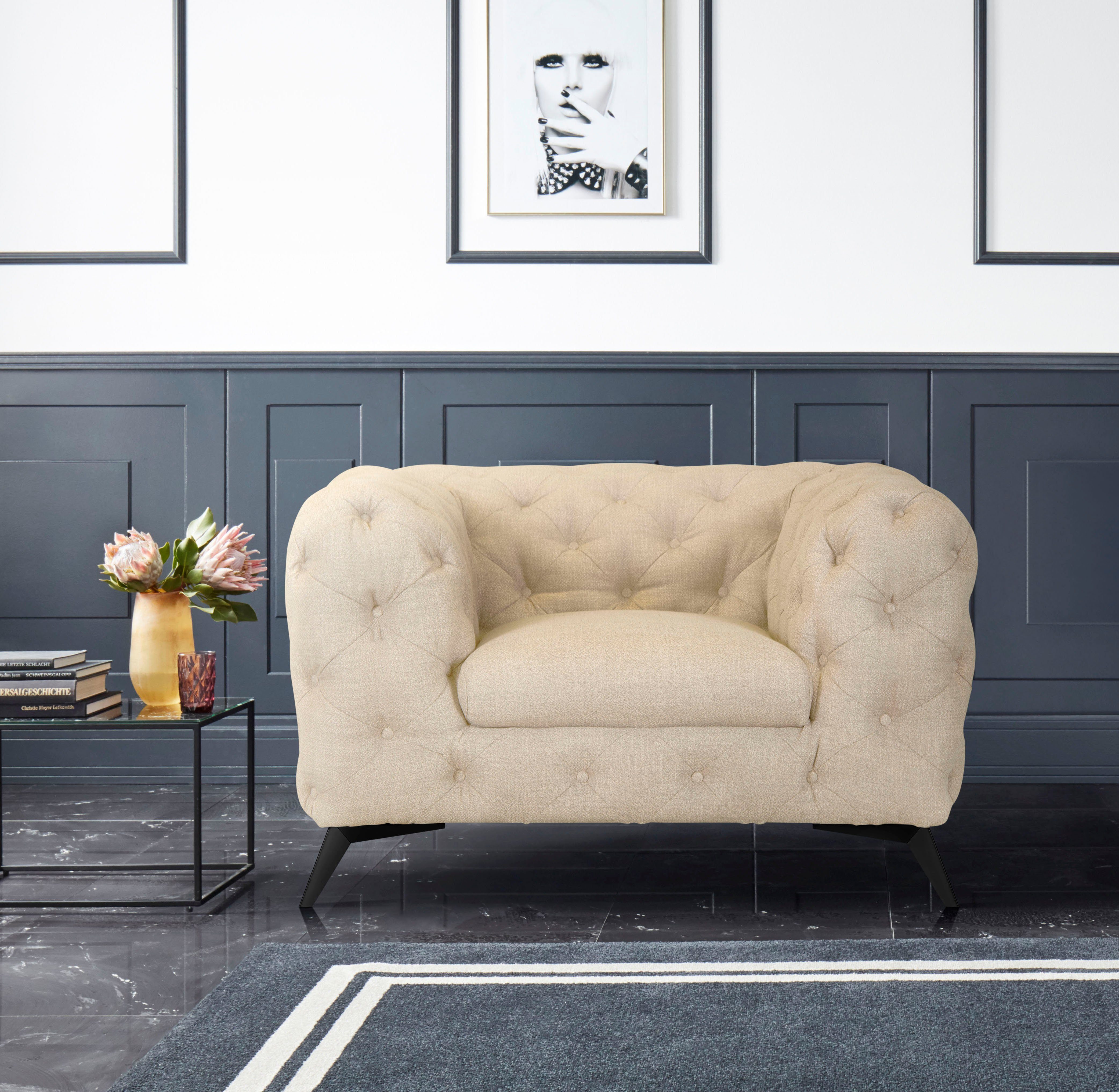 Leonique Chesterfield-fauteuil Glynis Fauteuil luxueuze capitonnage, moderne chesterfield look, kleur van de poten ter keuze