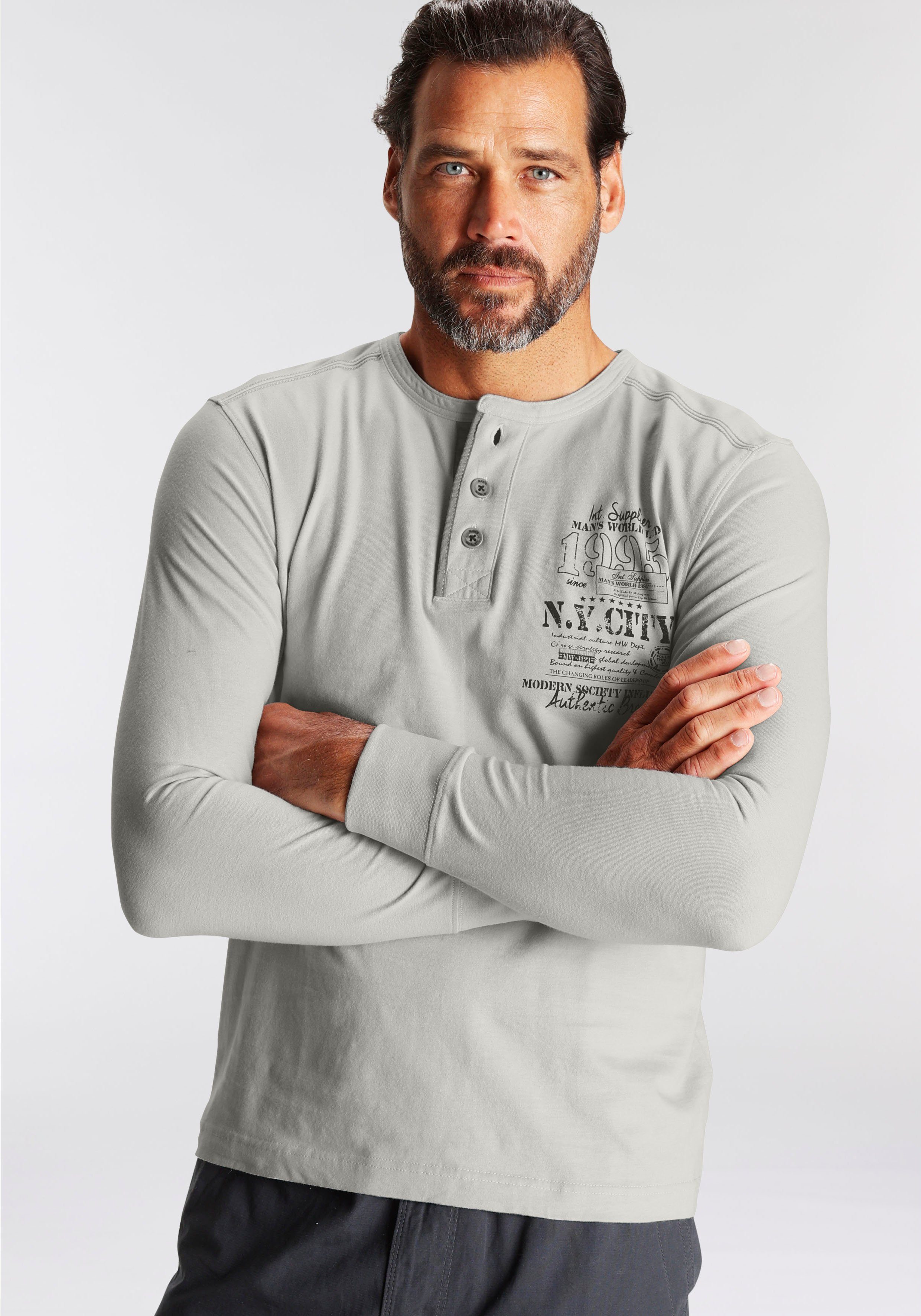 Man's World Henleyshirt Langarm met casual print ronde hals met knopenrij
