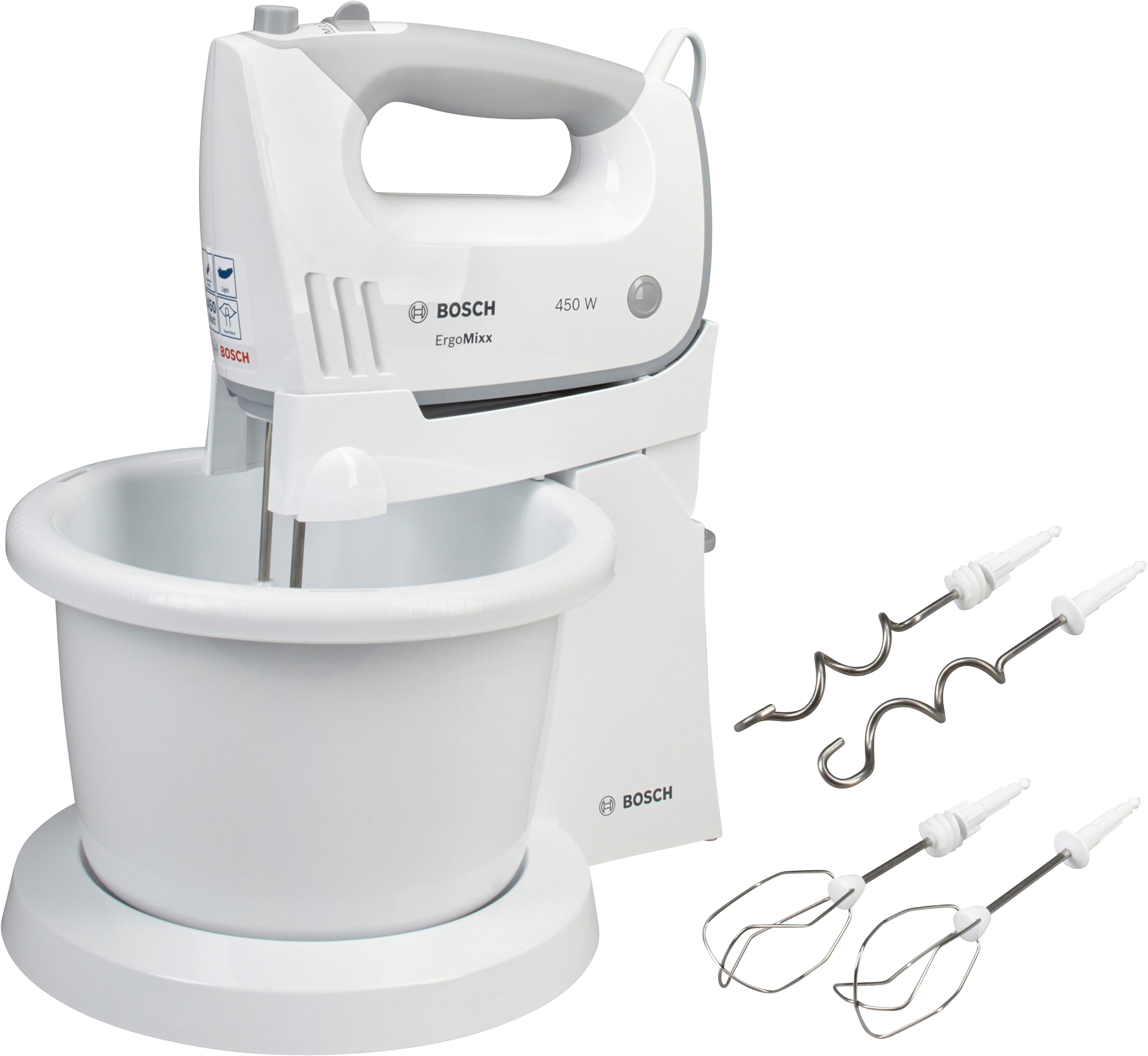 BOSCH Handmixer ErgoMixx MFQ36460, roestvrijstalen garde/kneedhaken, standaard, kom, wit