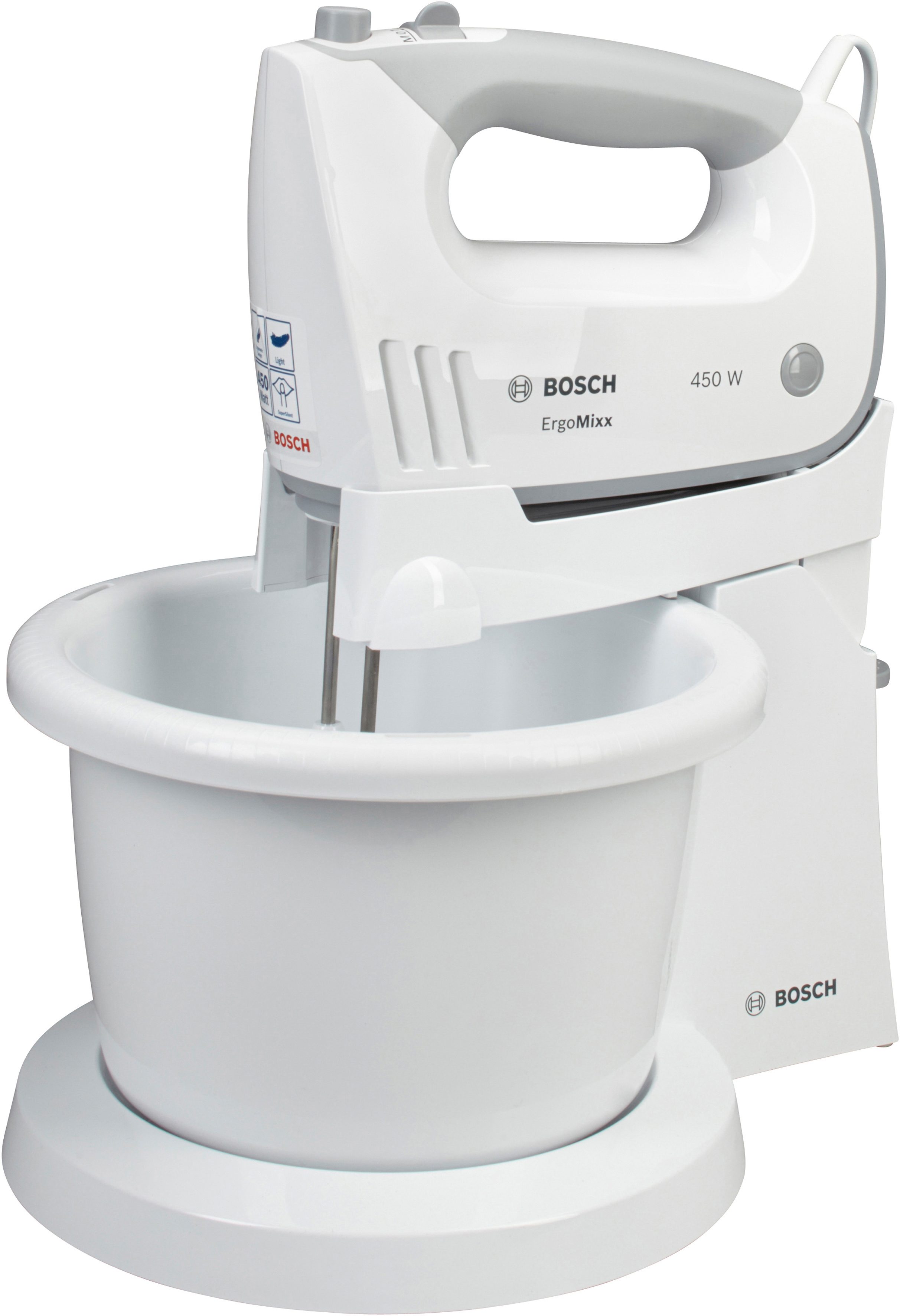 BOSCH Handmixer ErgoMixx MFQ36460, roestvrijstalen garde/kneedhaken, standaard, kom, wit