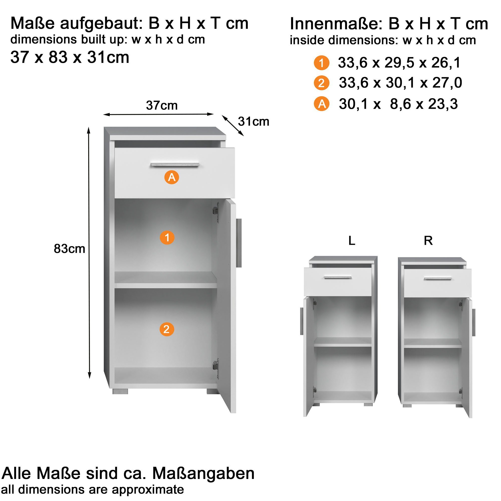 welltime Onderkast Praag Staande kast met verwisselbare deurdranger - (B/D/H) 37/31/83 cm (1 stuk)