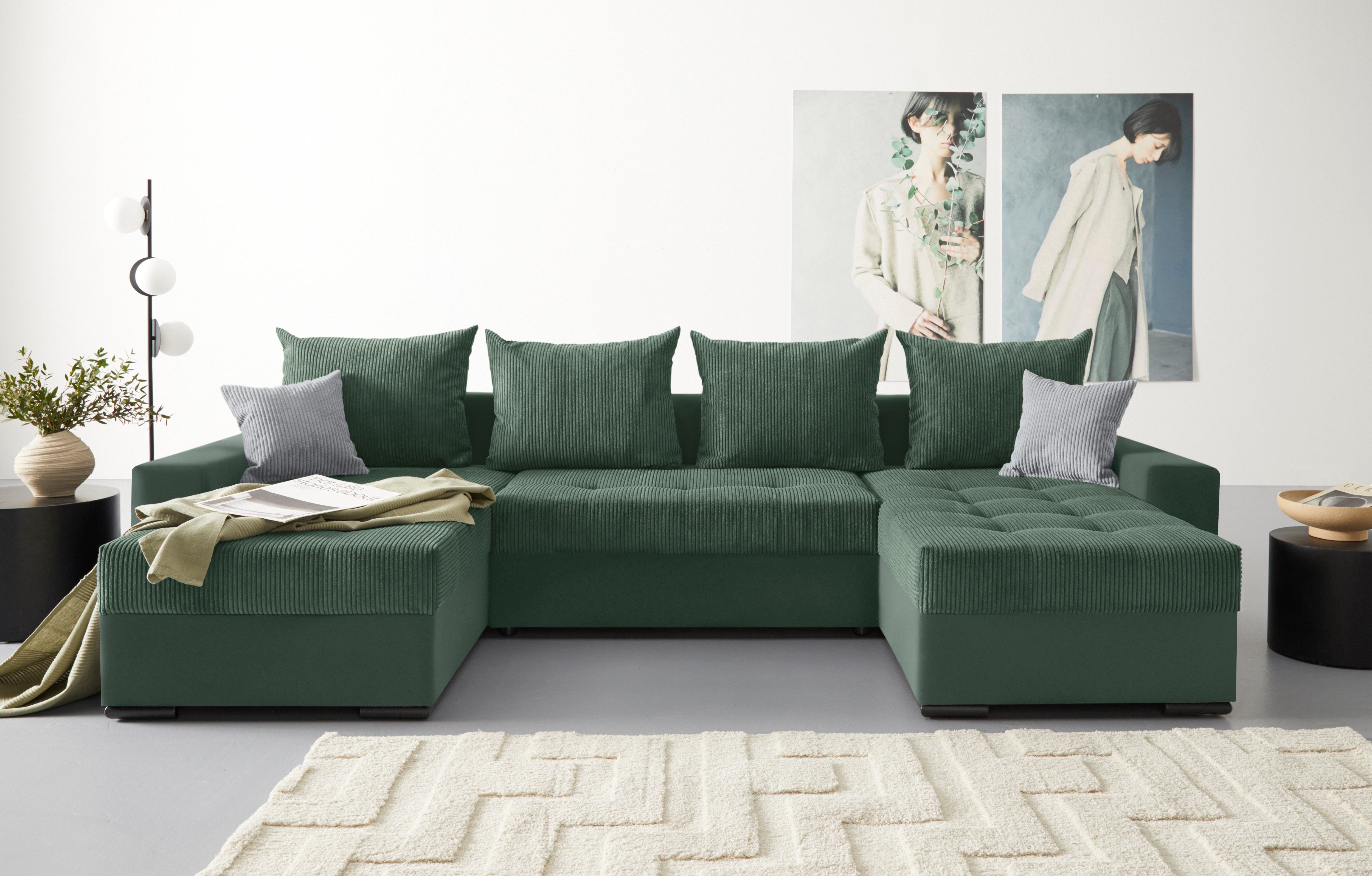 COLLECTION AB Zithoek XL-Josy U-vorm, breedte 313 cm, cord-/mix incl. bedfunctie, bedlade, met 4 gelijk grote rugkussens