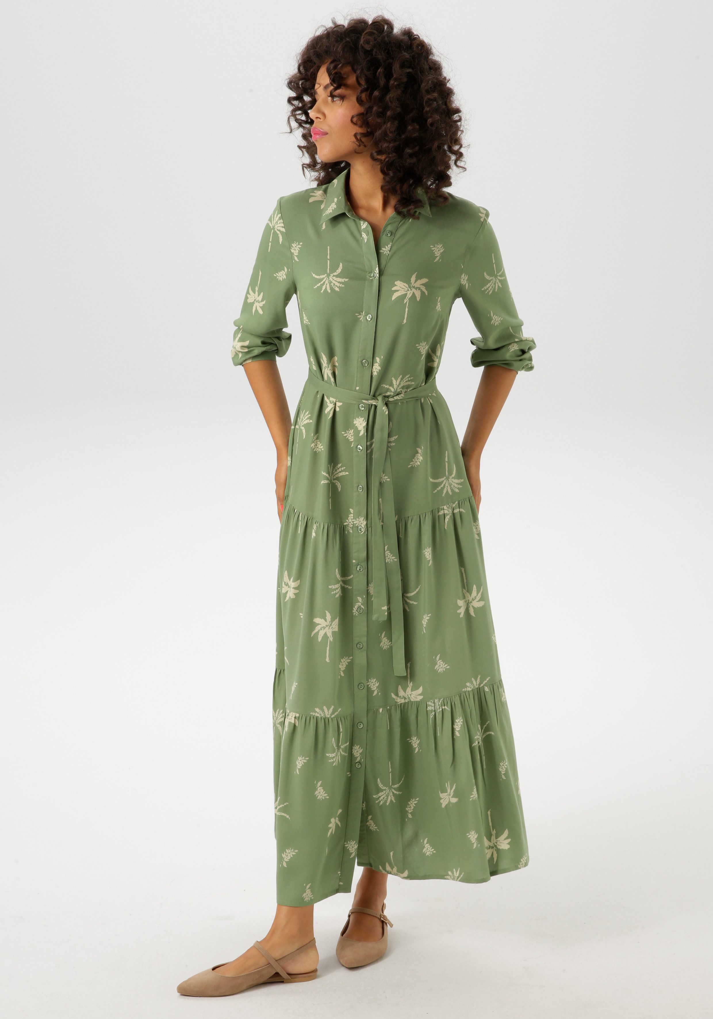 Aniston CASUAL Maxi-jurk met palmen bedrukt - elk stuk is uniek - nieuwe collectie (Met een afneembare bindstrik)