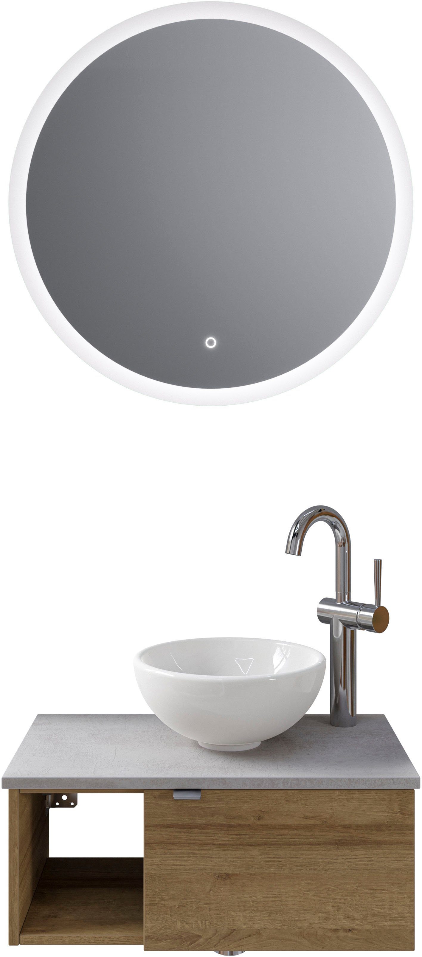 Saphir Badkamerserie Serie 6915 Gastenbadkamer, 70 cm breed, met led-spiegel, open vak en 1 deur (4-delig) badmeubelsets bruin