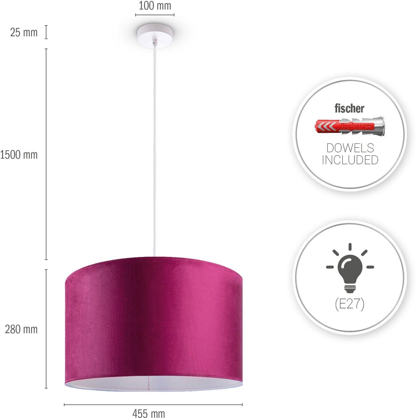 Paco Home Hanglamp Hugo uni Color Woonkamer lampenkap van velours uni-kleuren decoratie E27 kabel 1,5m