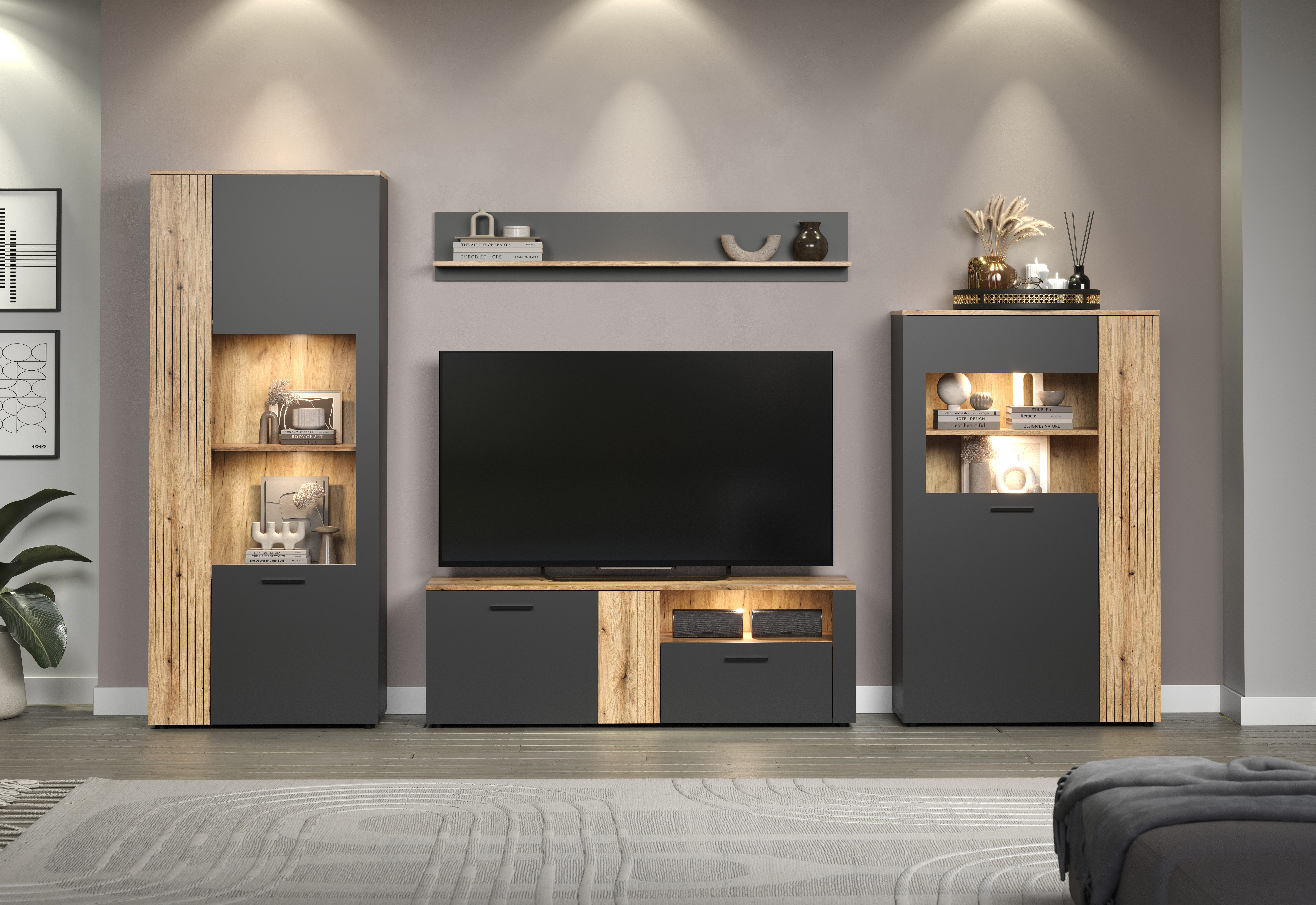 INOSIGN Wandmeubel Estepona Woonkamermeubilair met groevenlook - (B/D/H): 340/42/195 cm (complete set, 4-delig)