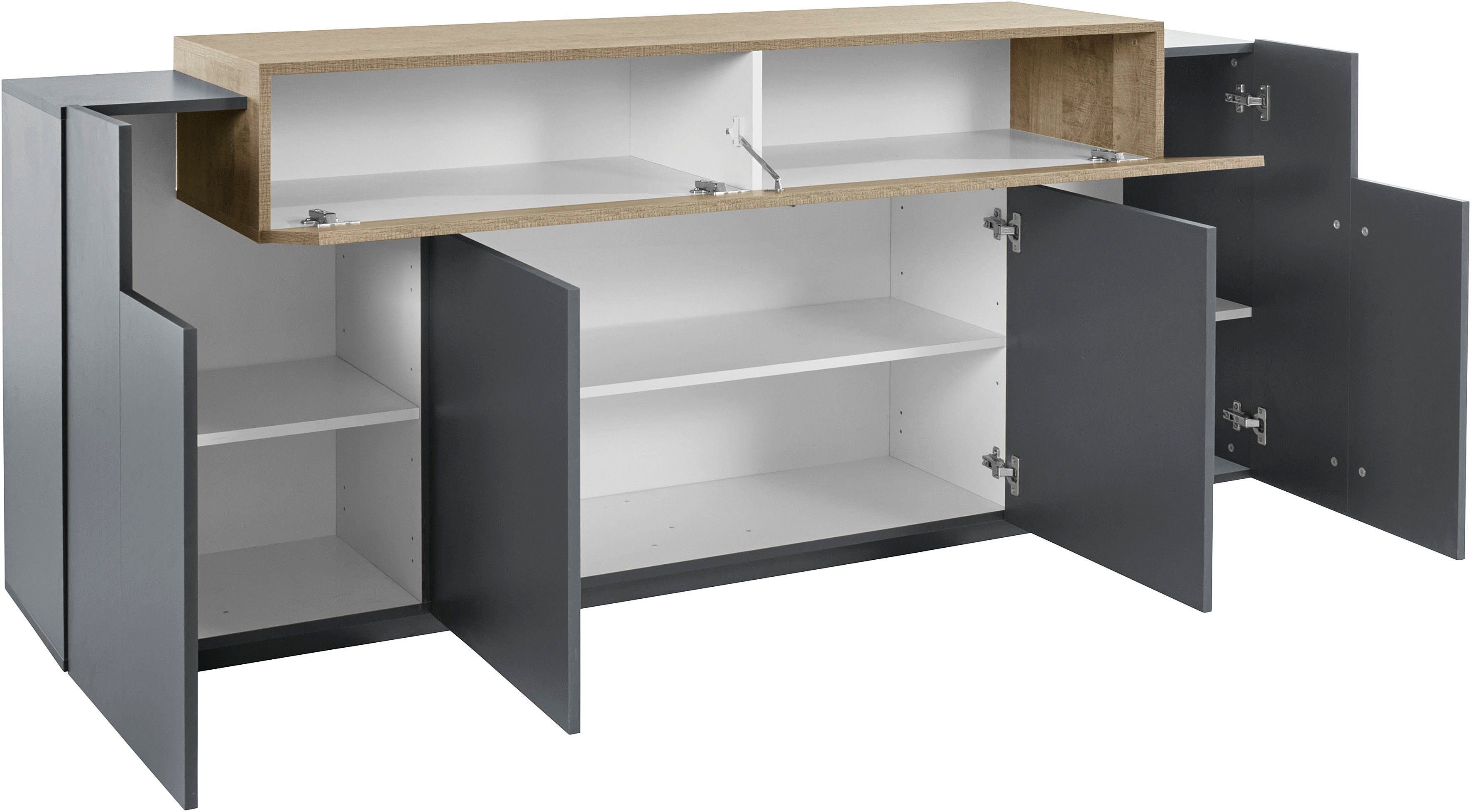 INOSIGN Dressoir Coro, commode, kast, buffet, greeploos met legplanken 1 klep, 4 deuren, dubbele diepte, bxdxh 200x45x85,6 cm