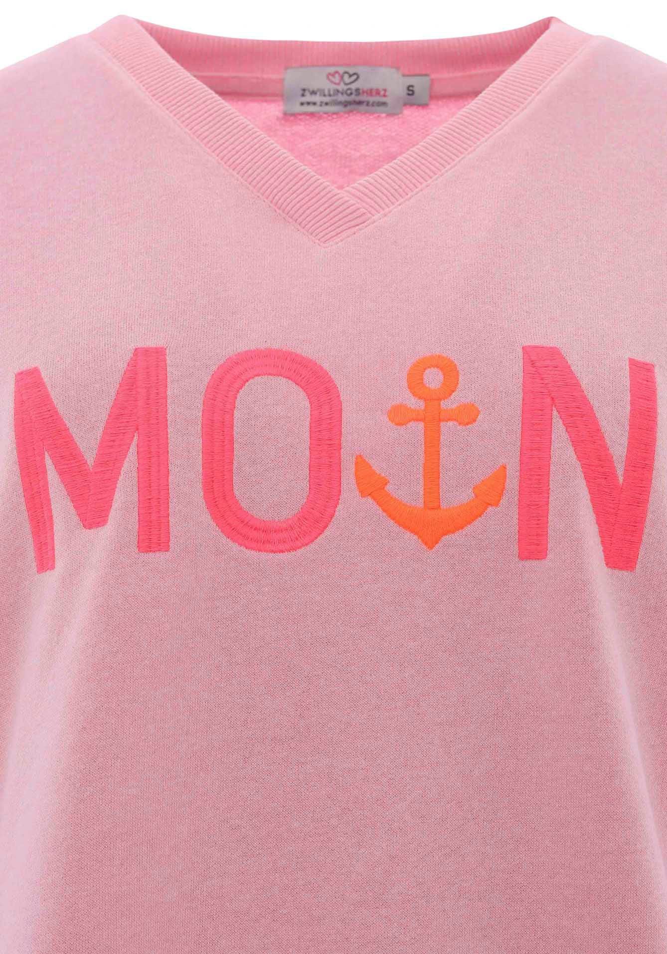 Zwillingsherz Sweatshirt met v-hals en geborduurd "moin" in neonkleuren