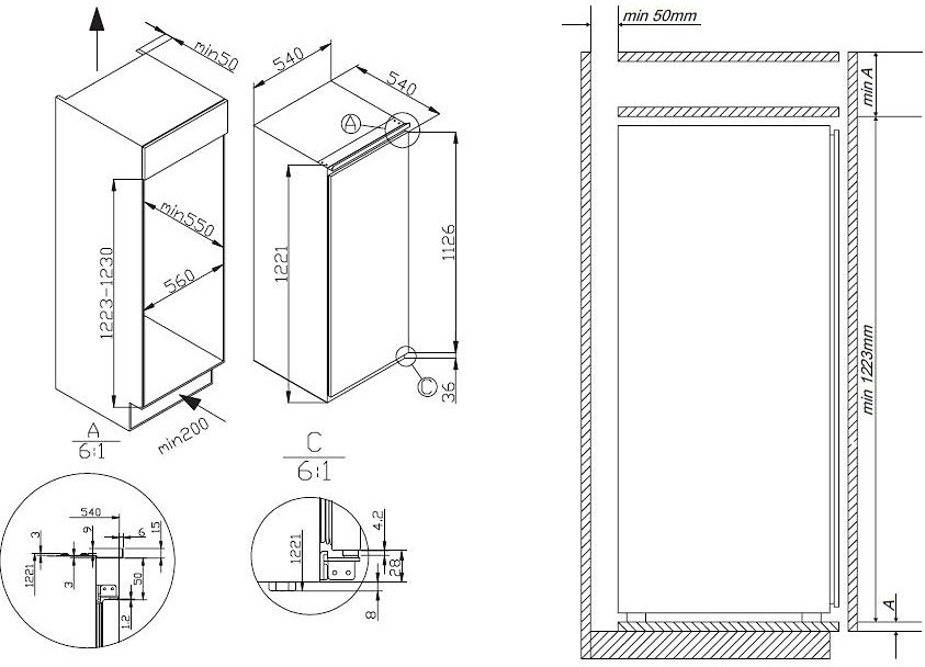 Amica Inbouwkoelkast EVKS 16175, 122,1 cm x 54 cm, Groentebox