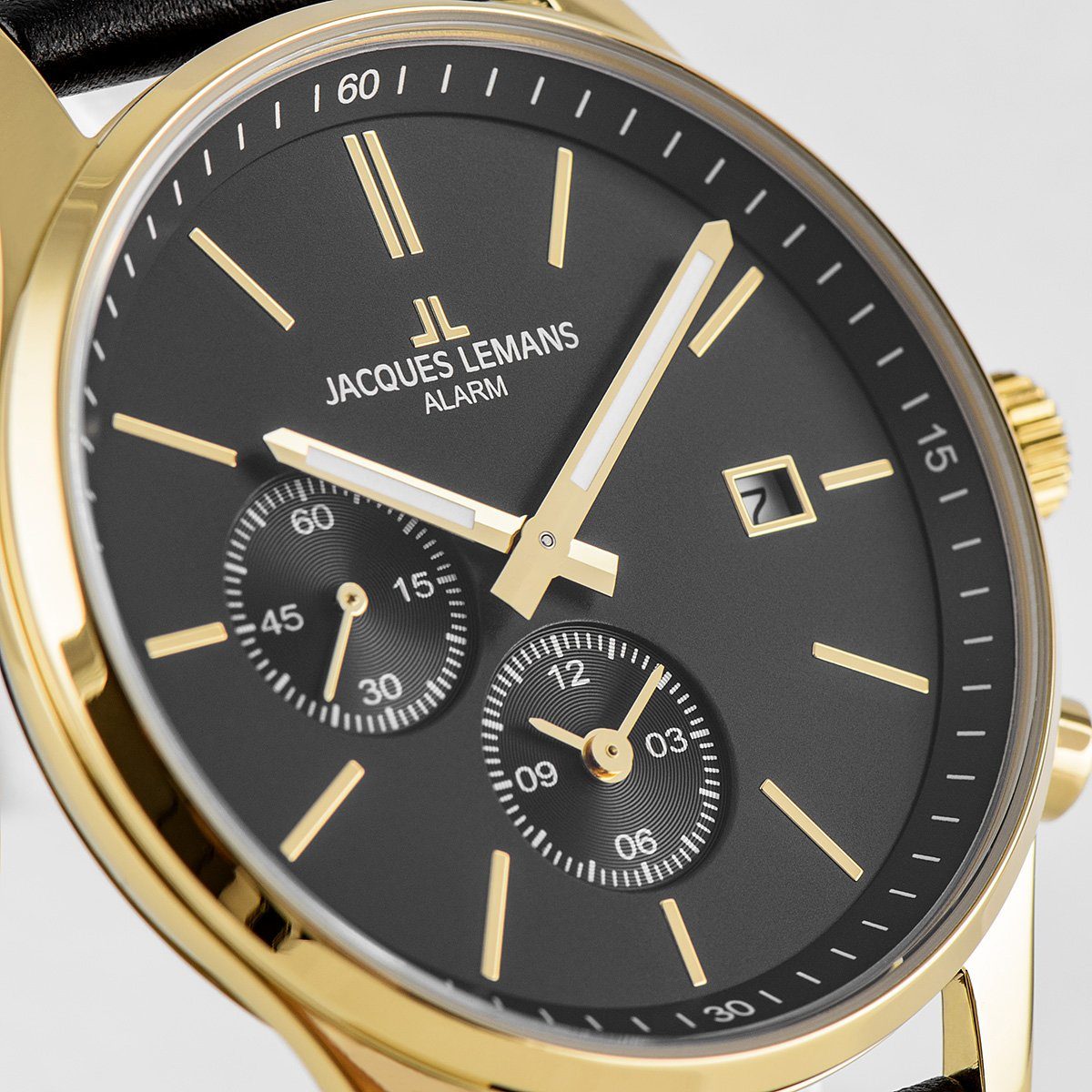 Jacques Lemans Kwartshorloge London, 1-2125C Horloge, herenhorloge, datum, glow-in-the-dark wijzers, leren band