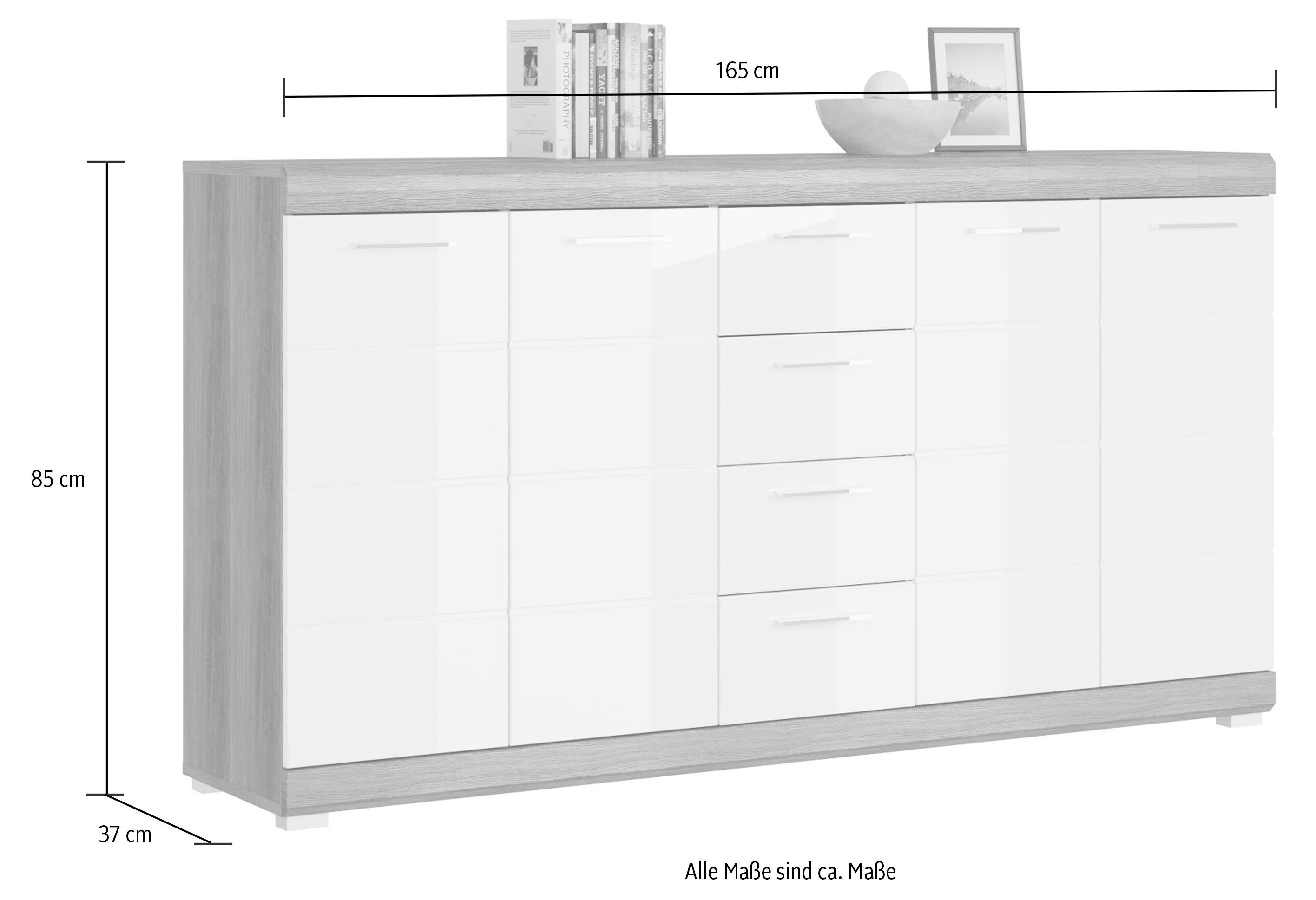 INOSIGN Kast Siena, breedte 165 cm, 4 deuren, 4 lades, 8 legplanken, 12 vakken Front-groeffreesing, schoenenkommode, schoenenkast, buffetkast, sideboard