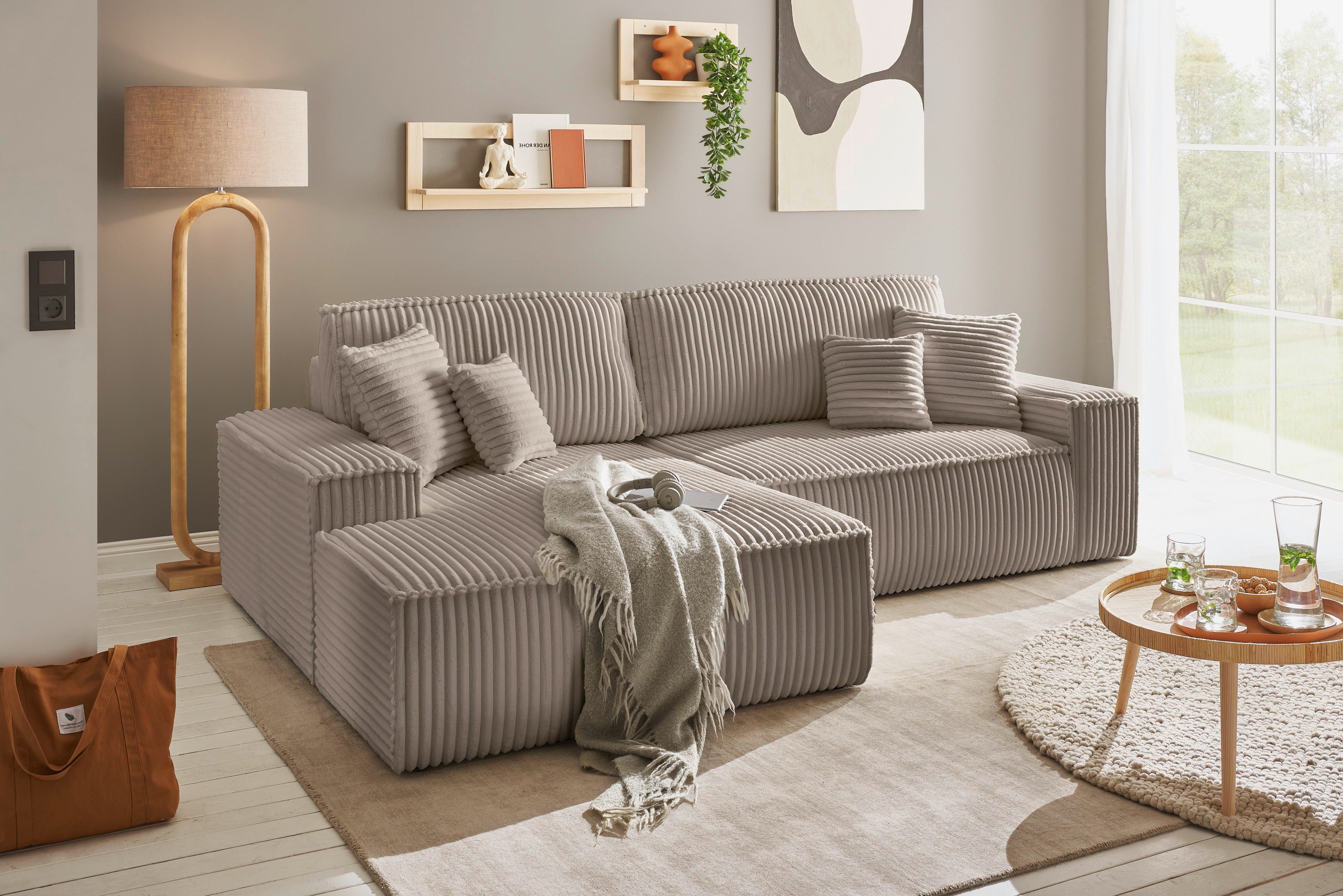 andas Hoekbank Finnley slaapbank 267 cm in Bouclé, fijne structuur en cord, L-vorm