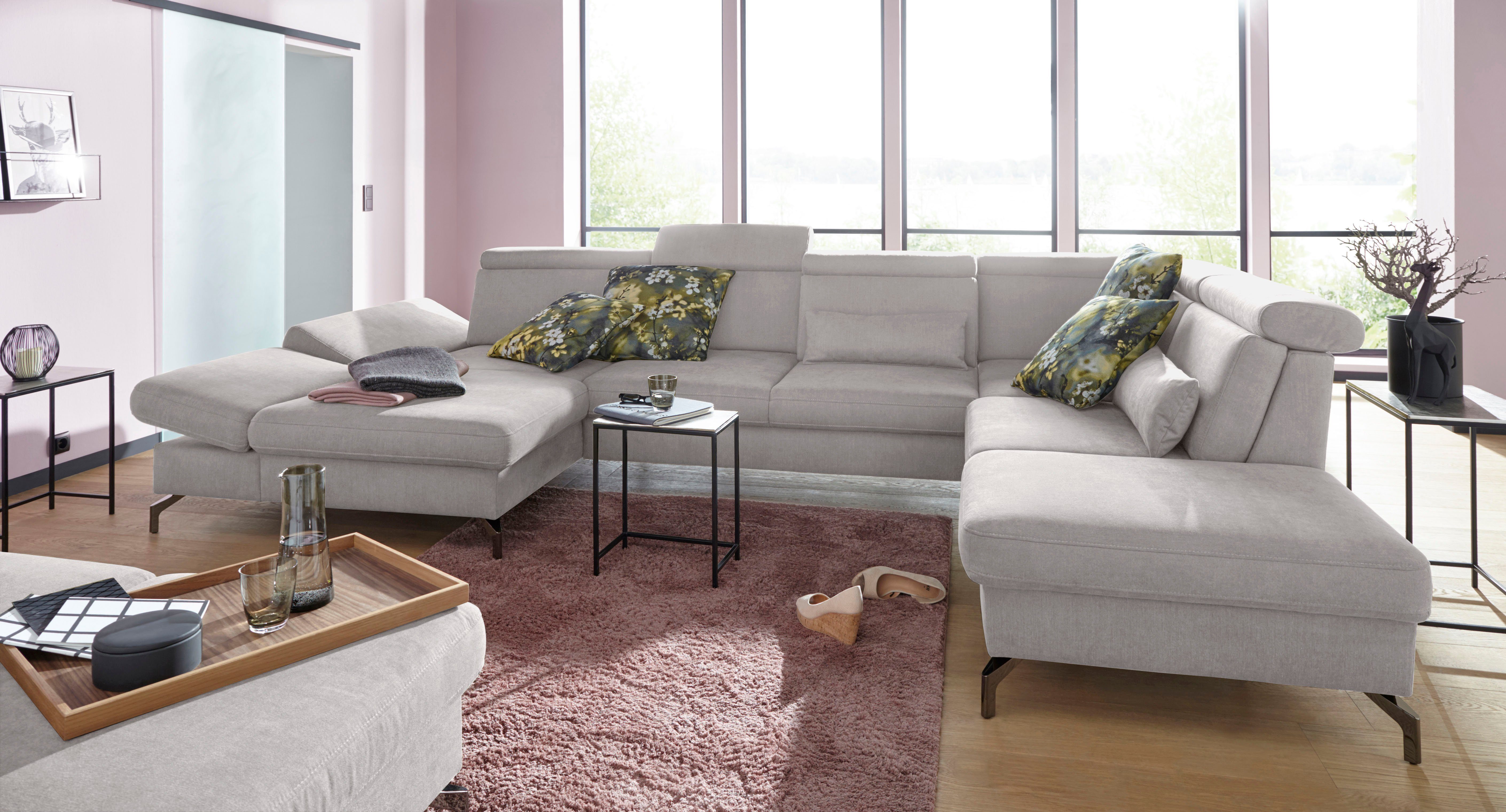 sit&more Zithoek Brisbane U-vorm Poothoogte 12 cm, inclusief verstelbare zitdiepte, armleuningen en hoofdeind zilver, zithoeken, Ottomane rechts, Met