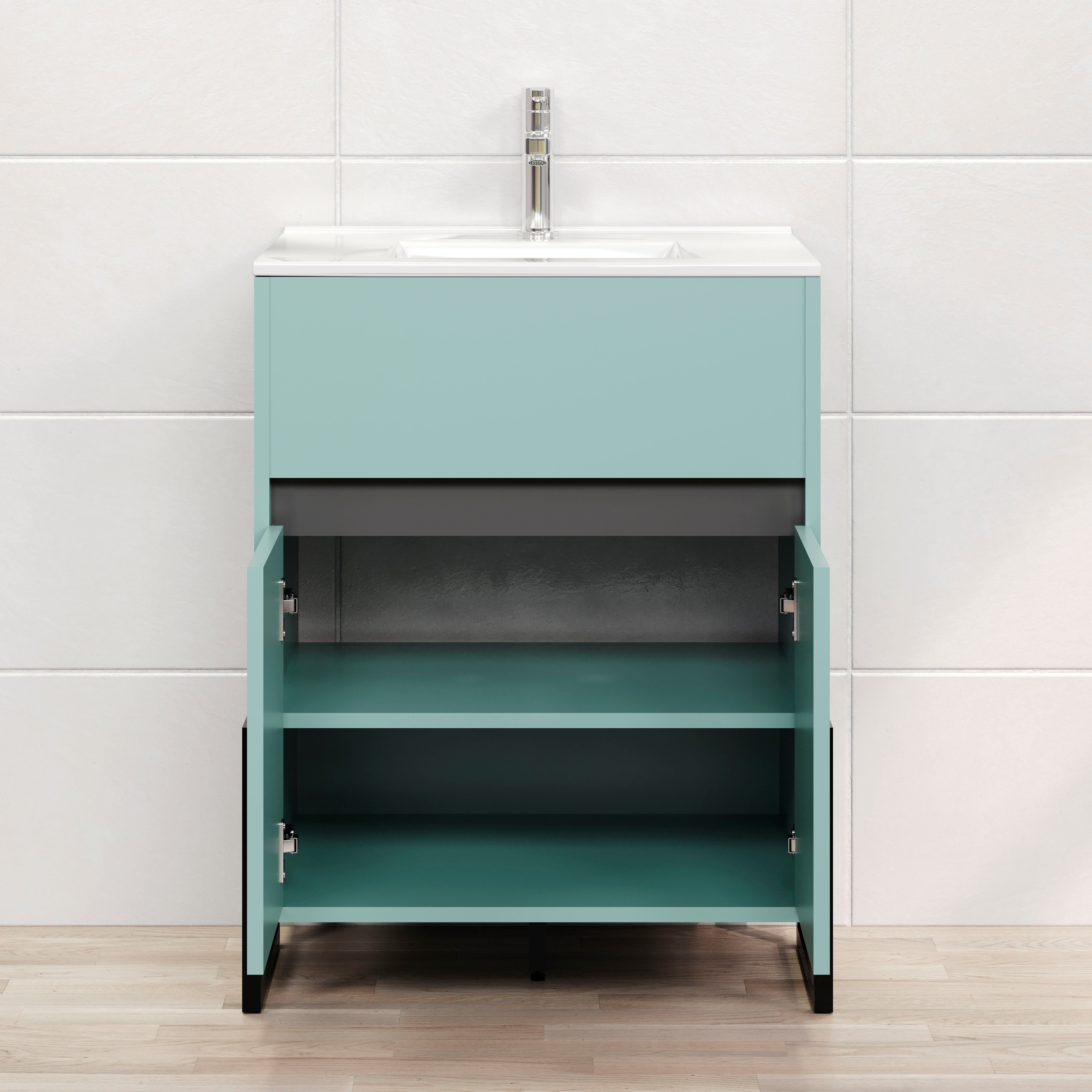 welltime Wastafelonderkast Malcesine Wastafel met metalen frame in turquoise - Met 60 cm witte wastafel