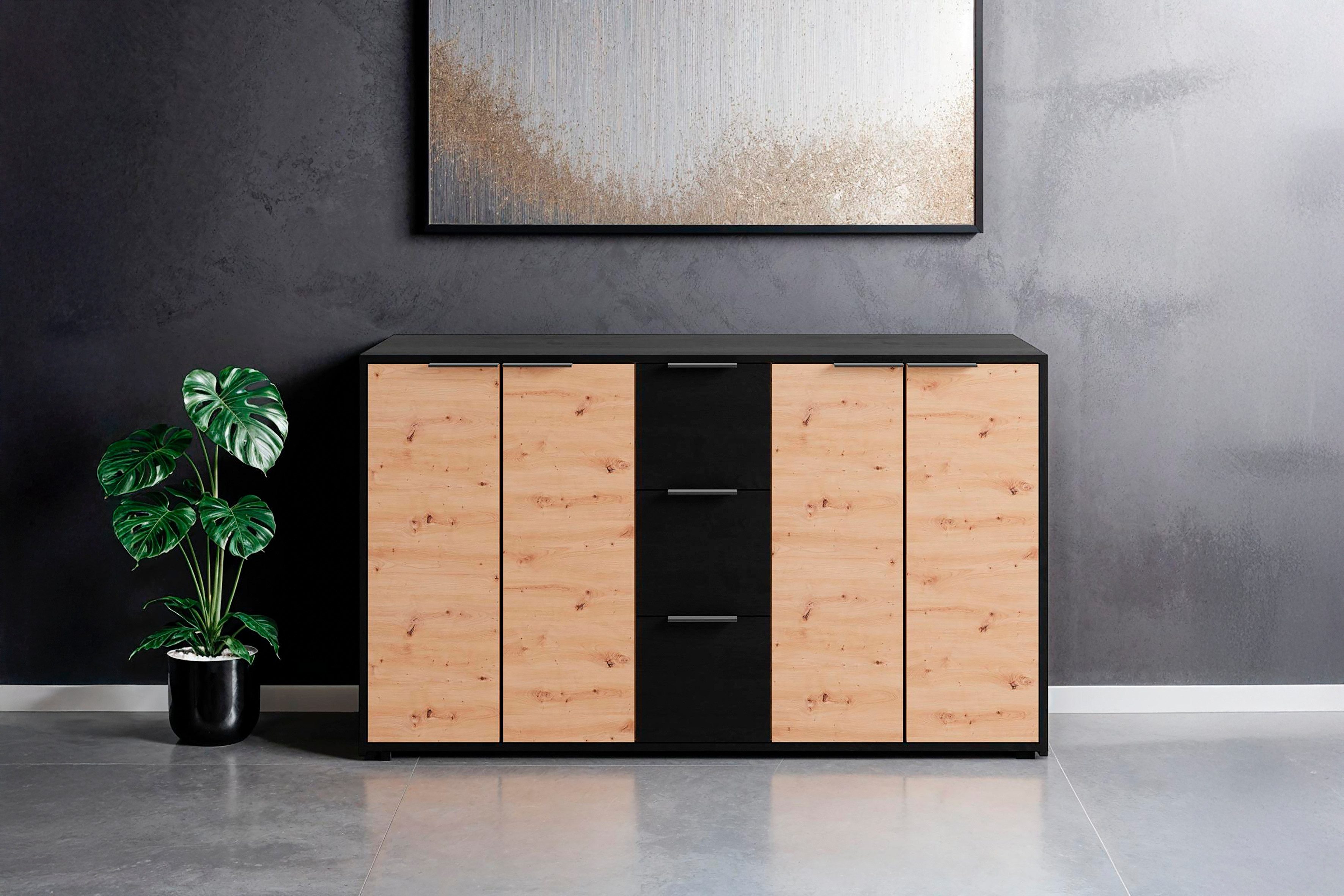 byLIVING Dressoir Rimini Melamine eiken zwart en artisan eiken, 3 lades, 4 deuren