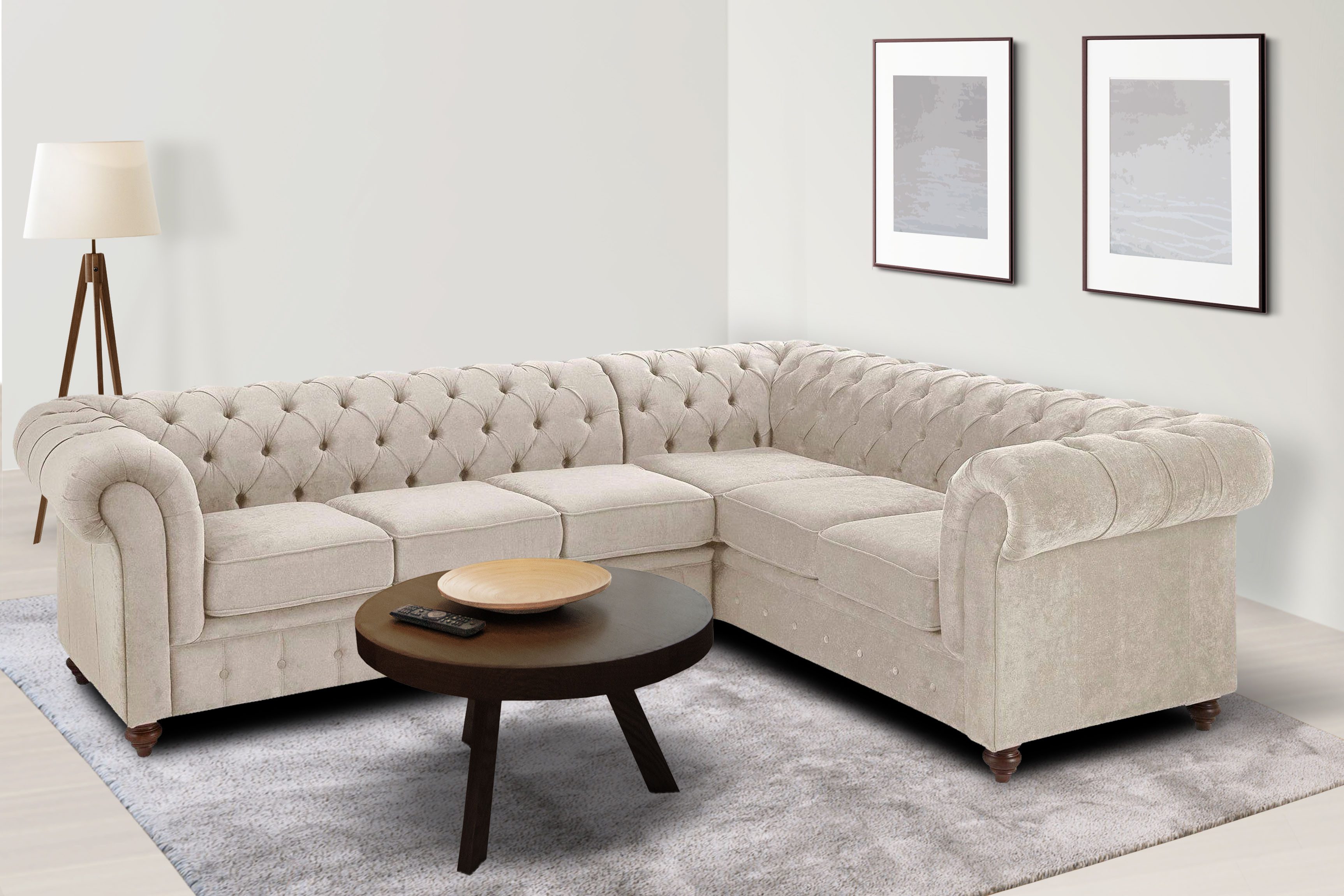 Home affaire Chesterfield-bank Chesterfield hoekbank, ook in leer L-vorm hoogwaardige knoopdetails, langer gedeelte links of rechts naar keuze beige,