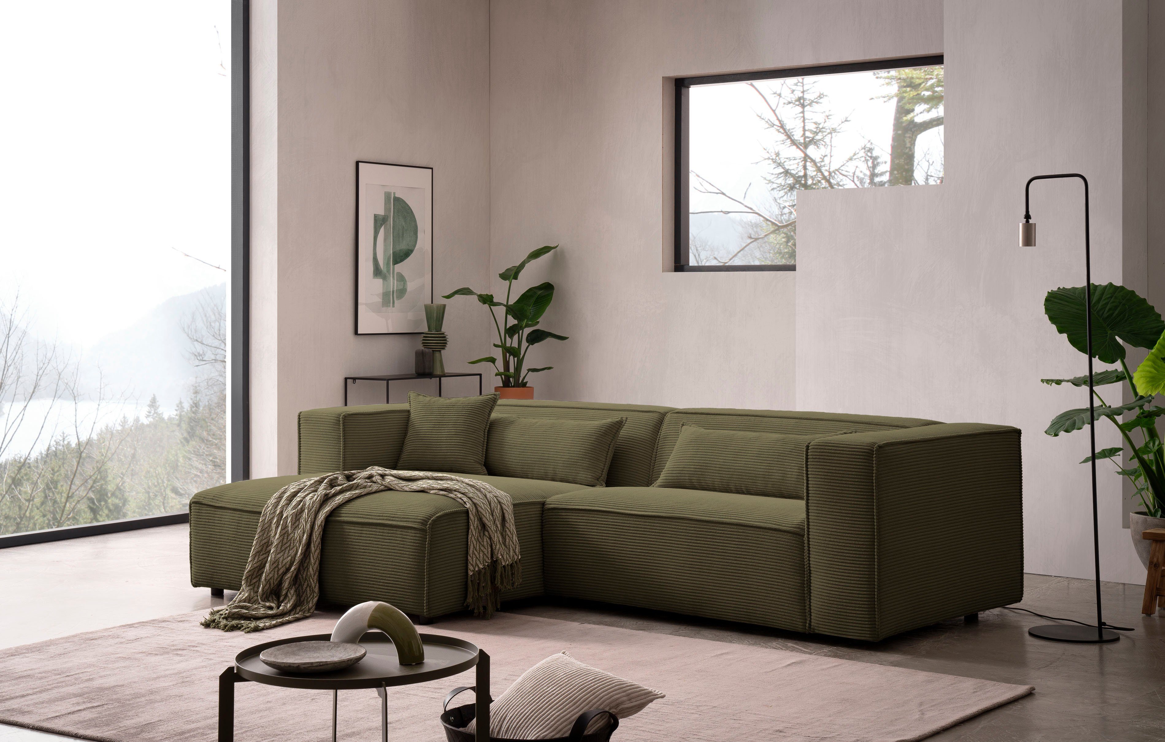 LeGer Home by Lena Gercke Hoekbank PIARA met biesnaad in cord of linnenlook, moderne bank in L-vorm keuze ottomaan rechts/links, zwarte voeten, comfortabel zitcomfort
