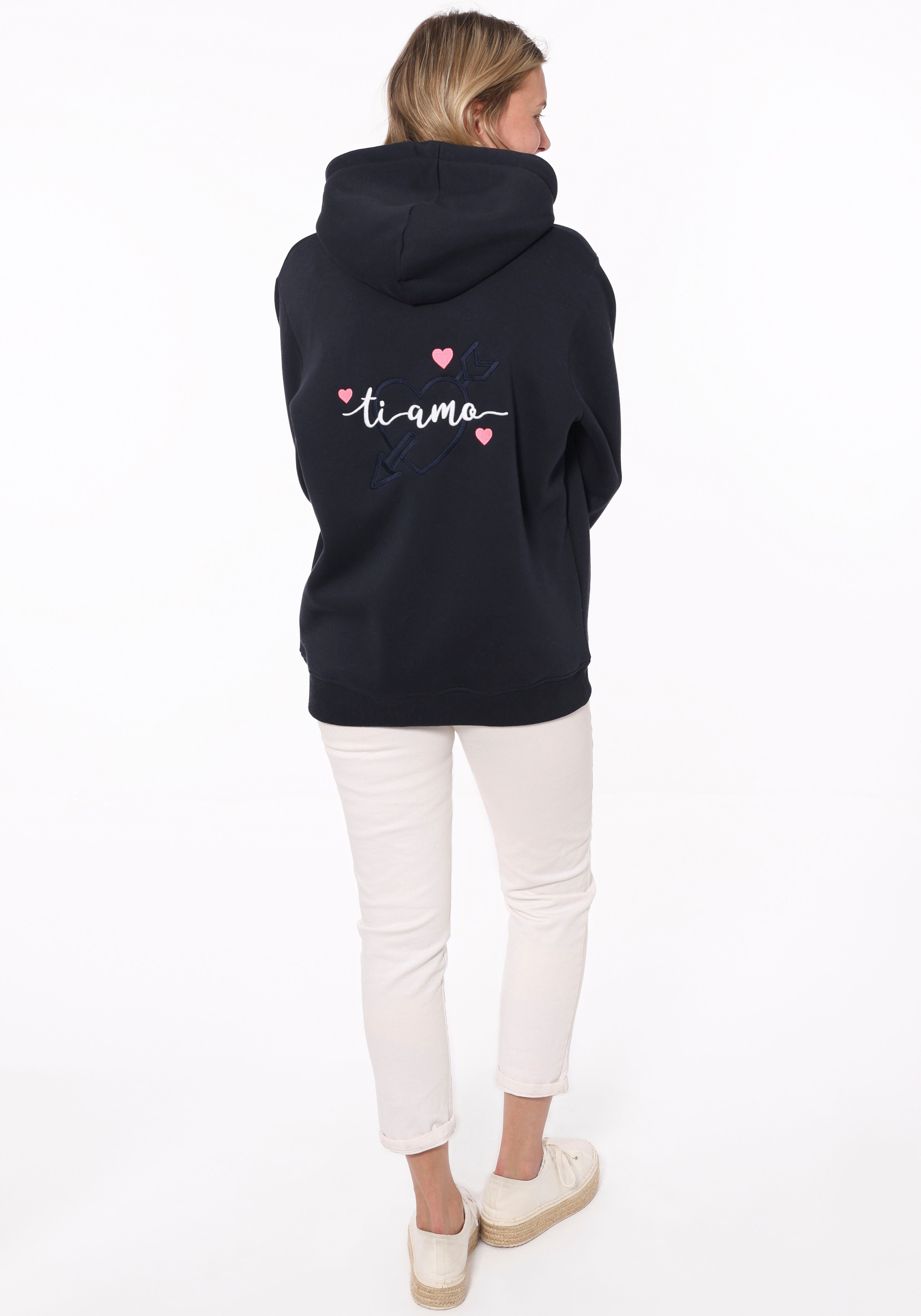 Zwillingsherz Hoodie met "amore"-inscriptie en hartjes op de rug