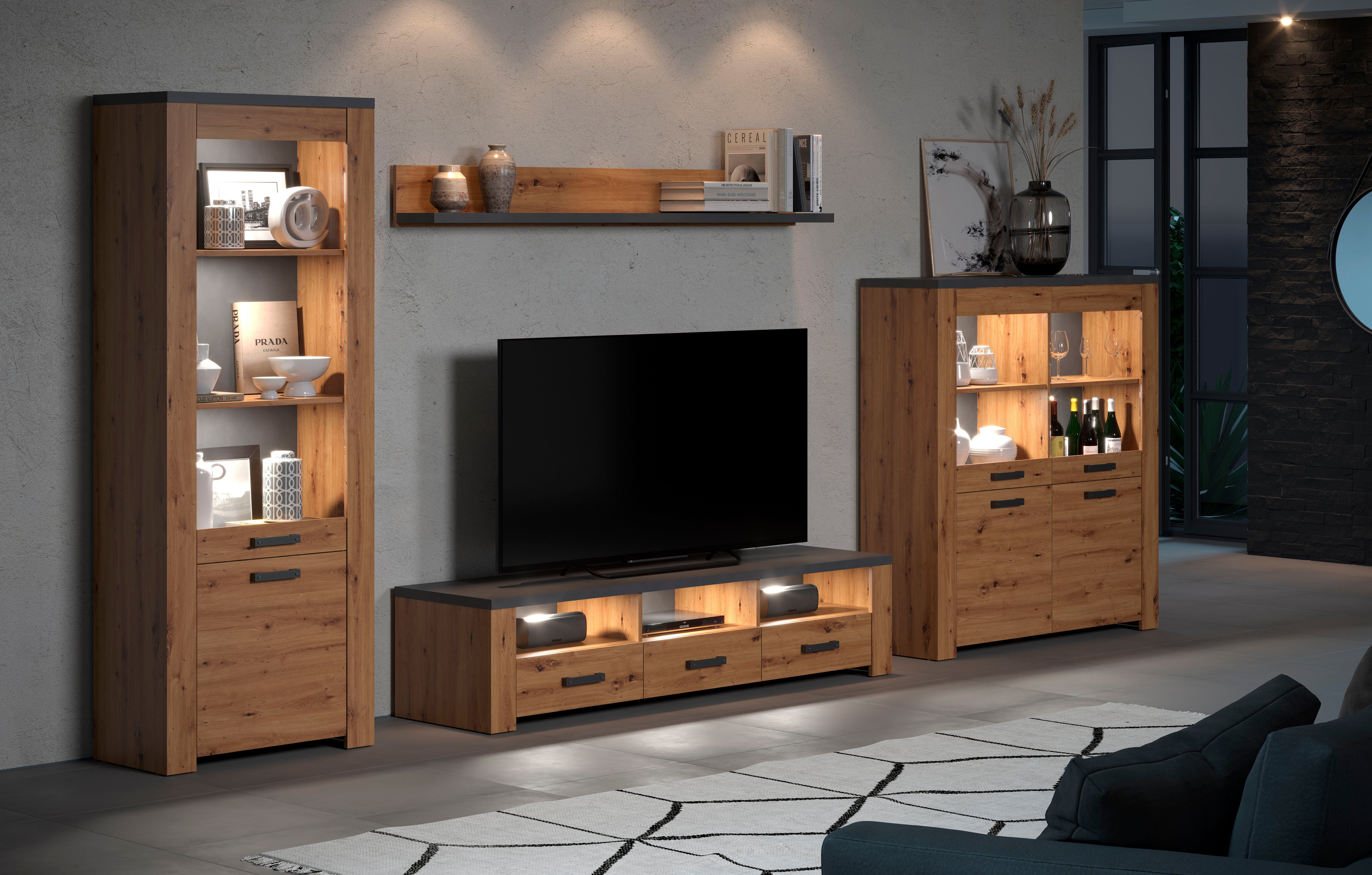 Home affaire Tv-wandmeubel Ambres Moderne tv-set, echt-hout-look, breedte ca. 409 cm, mat (4-delig)