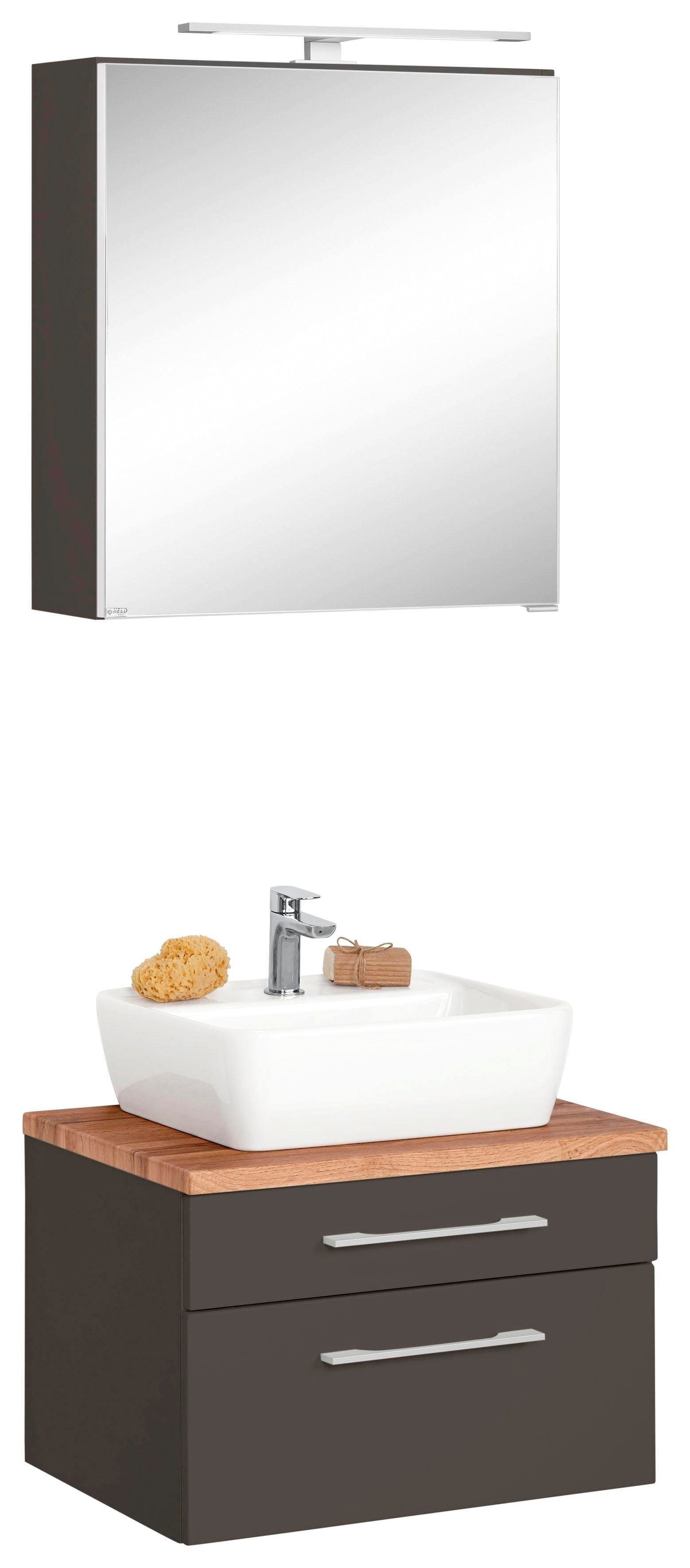 welltime Badkamerserie Davos Spiegelkast breedte 60 cm, met rechthoekige wasbak (2-delig) badmeubelsets grijs