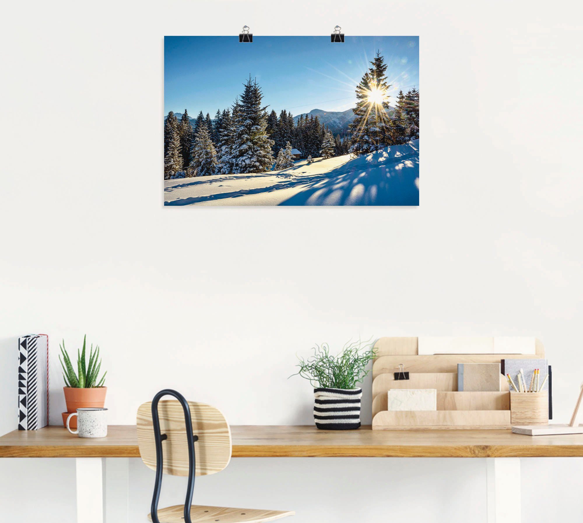 Artland Poster Winterlandschap met zonnester als artprint van aluminium, artprint op linnen, muursticker of poster in verschillende maten