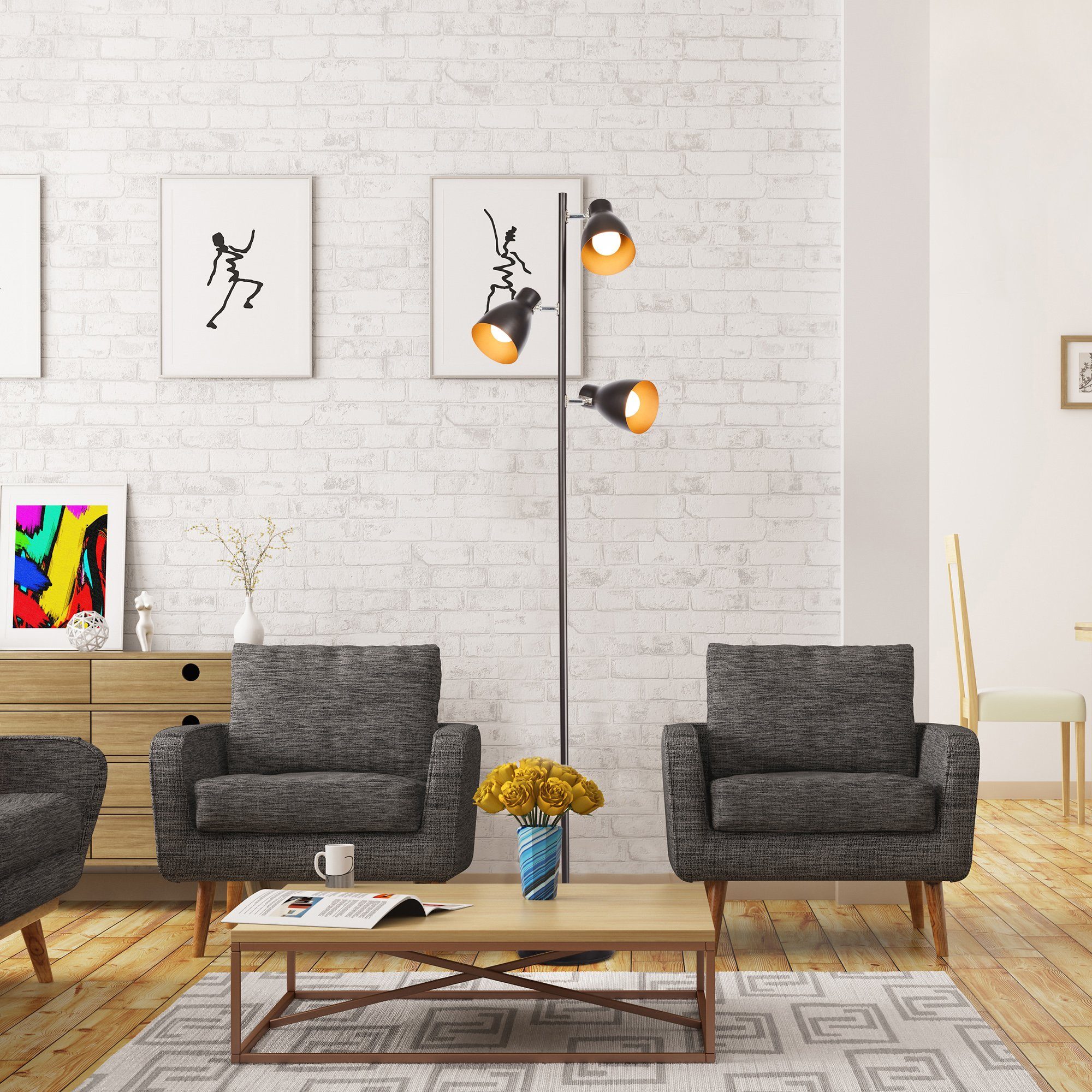 B.K.Licht Staande lamp LED vloerlamp design retro vintage metaal zwart-goudkleur