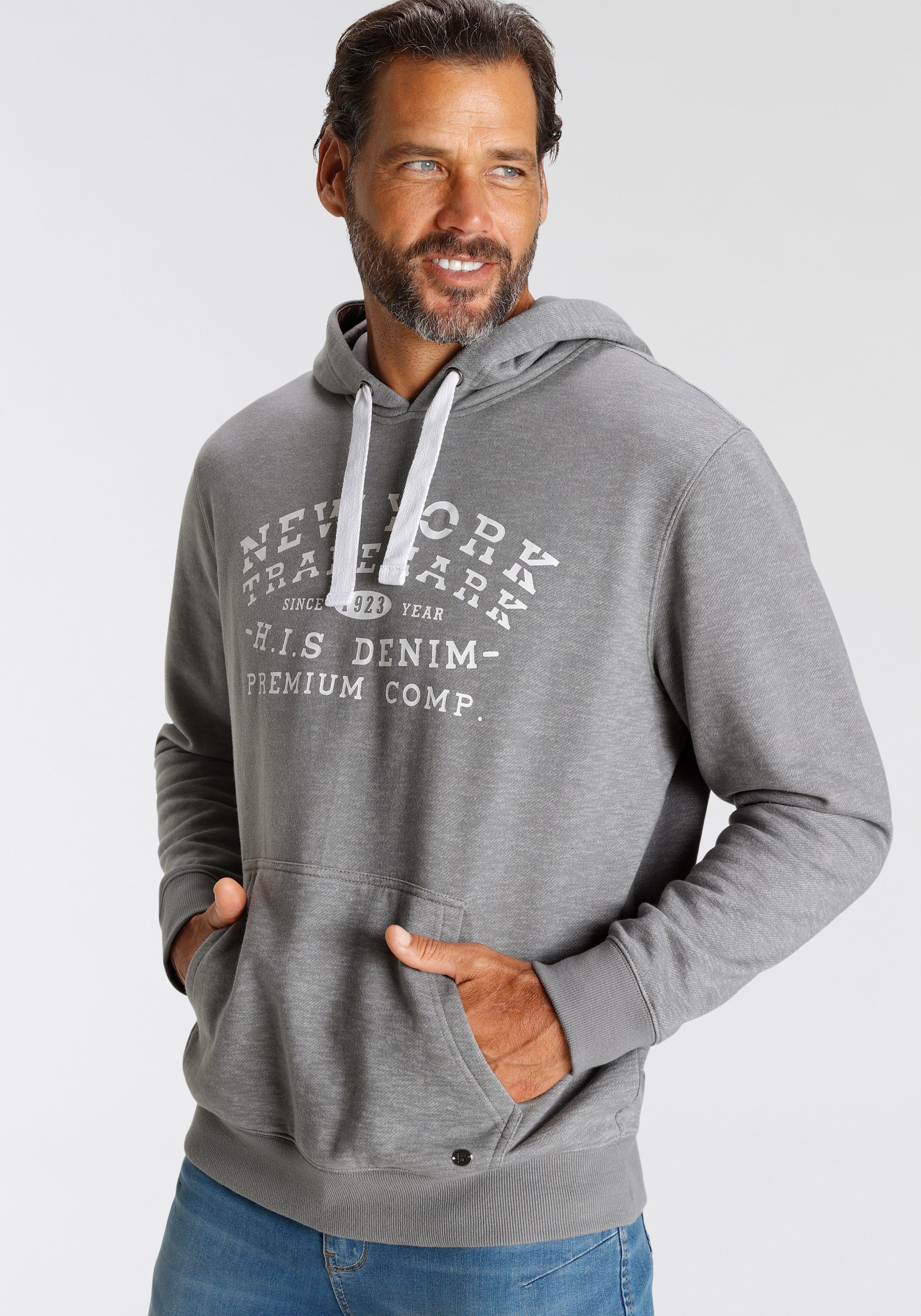 H.I.S Hoodie Lange mouwen, losse pasvorm, met print, capuchon heren hoodies maat M (48/50) grijs