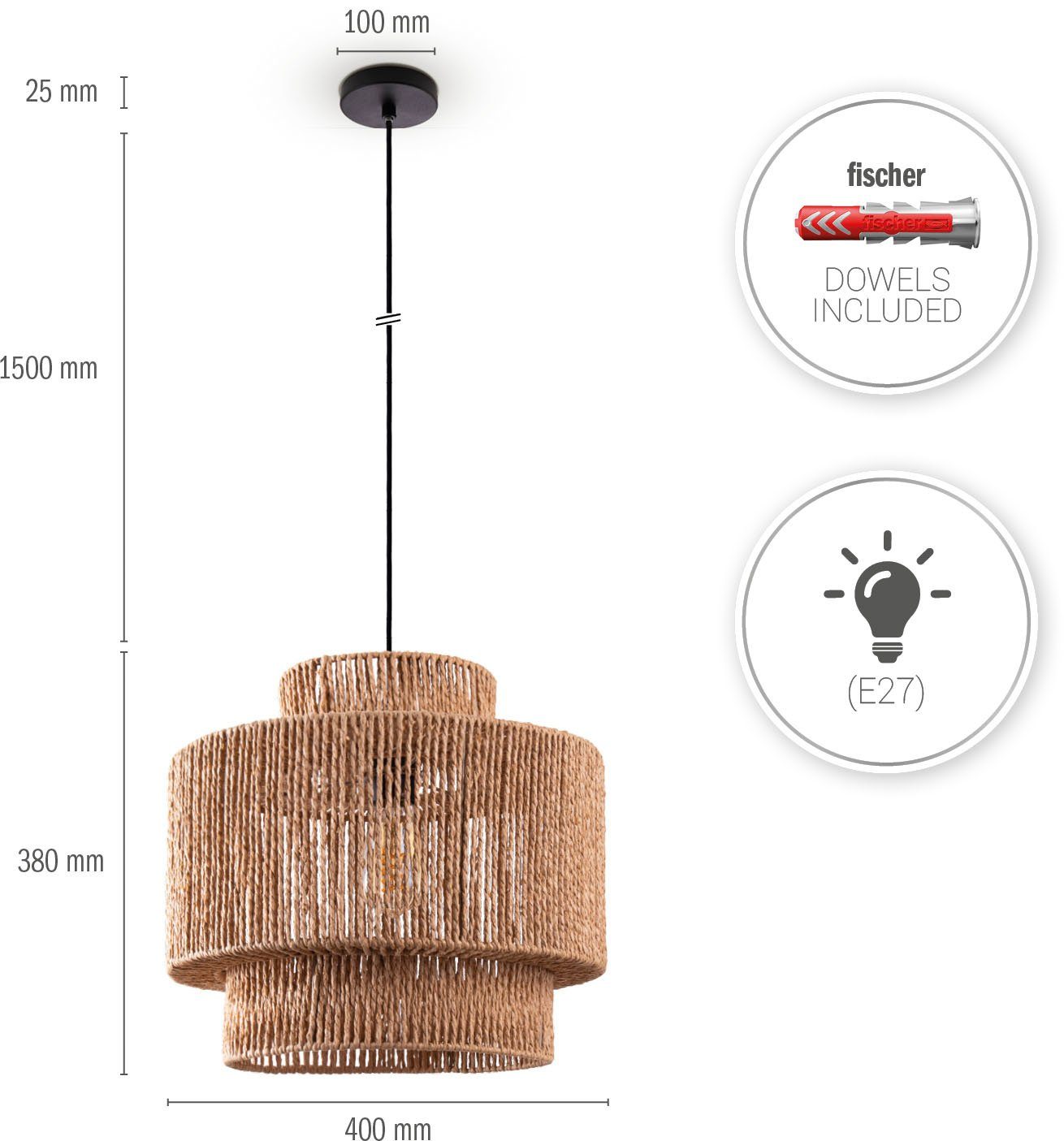 Paco Home Hanglamp Hugo Lupita Woonkamer eetkamer rattan look Boho lampenkap papier