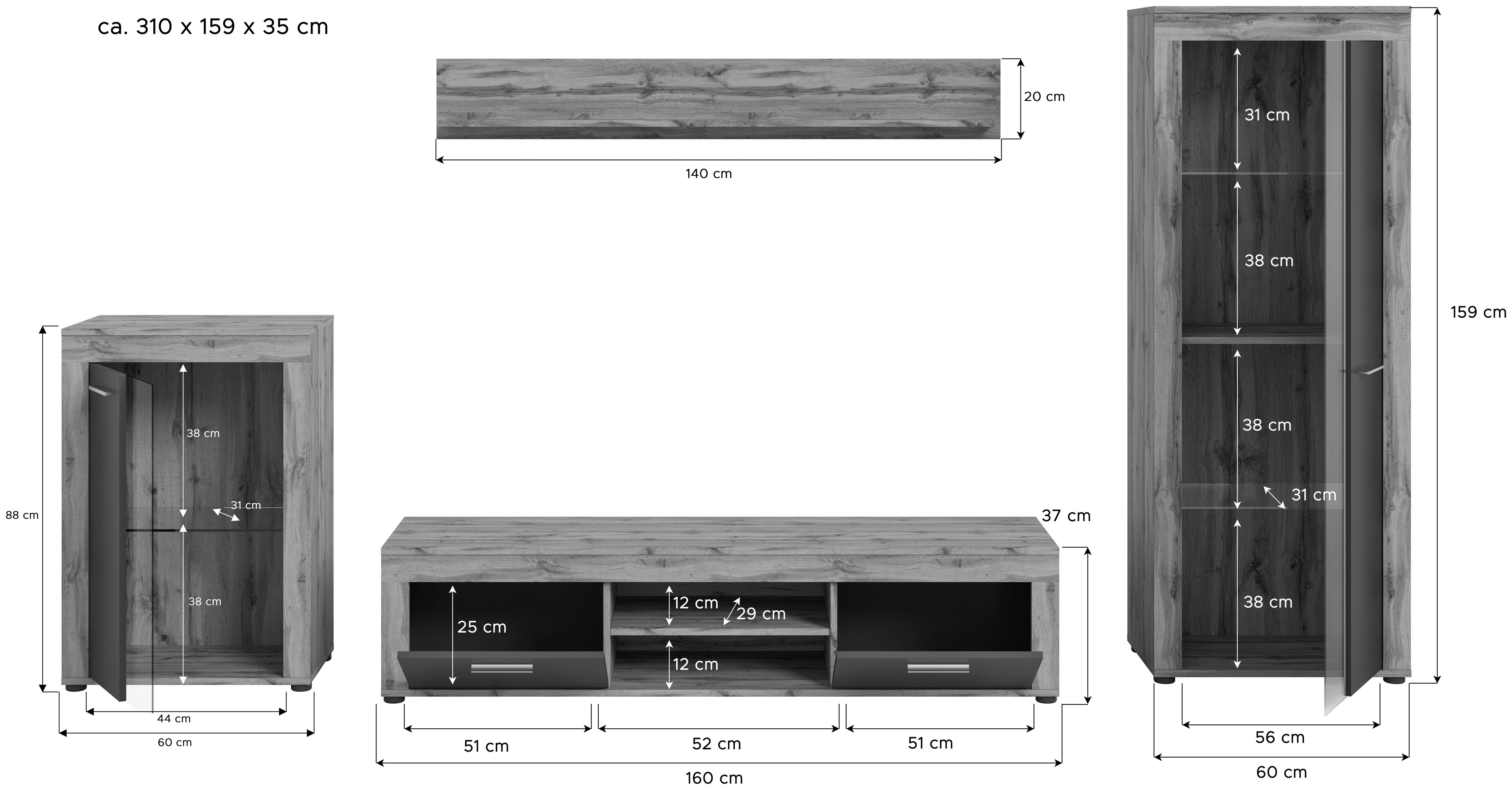 INOSIGN Wandmeubel Aosta, 4-delig, bestaande uit: vitrinekast, lowboard, wandplank & hoge vitrinekast (4-delig)