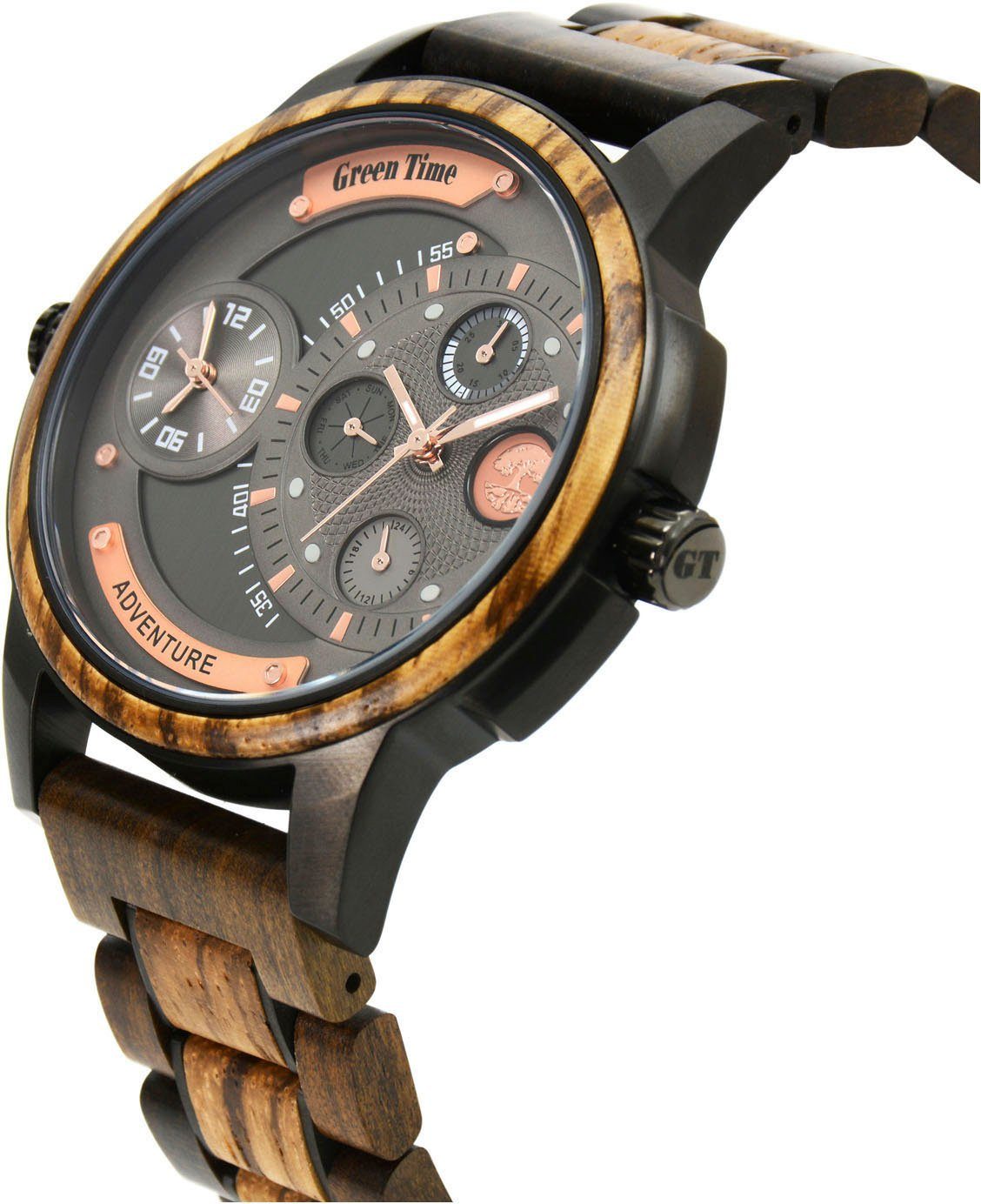 GreenTime Kwartshorloge ZW158A Polshorloge, herenhorloge, houten horloge, lichtgevende wijzers, datum