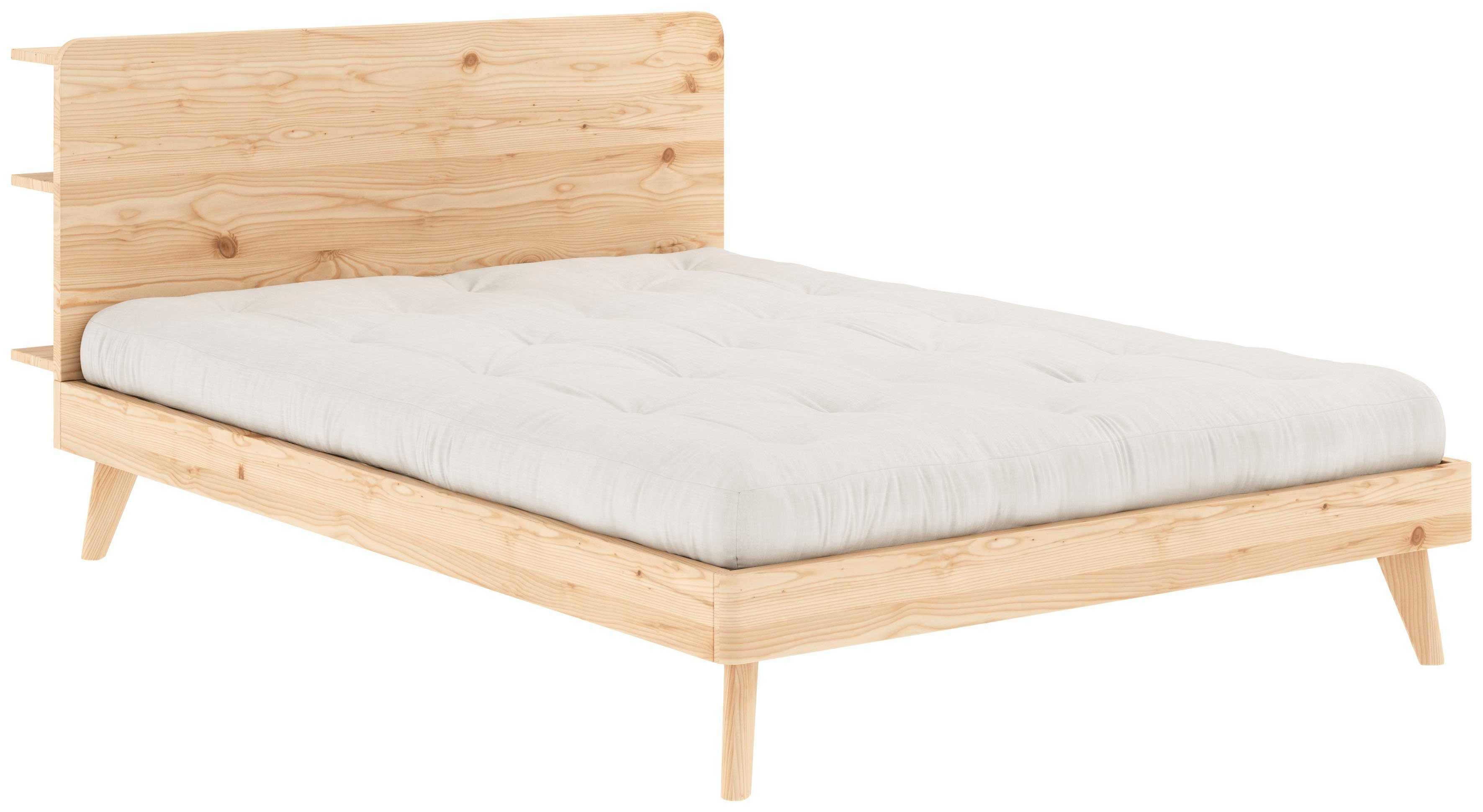 Karup Bedframe RETREAT BED van massief grenen met lattenbodem, hoofdbord met 3 legplanken