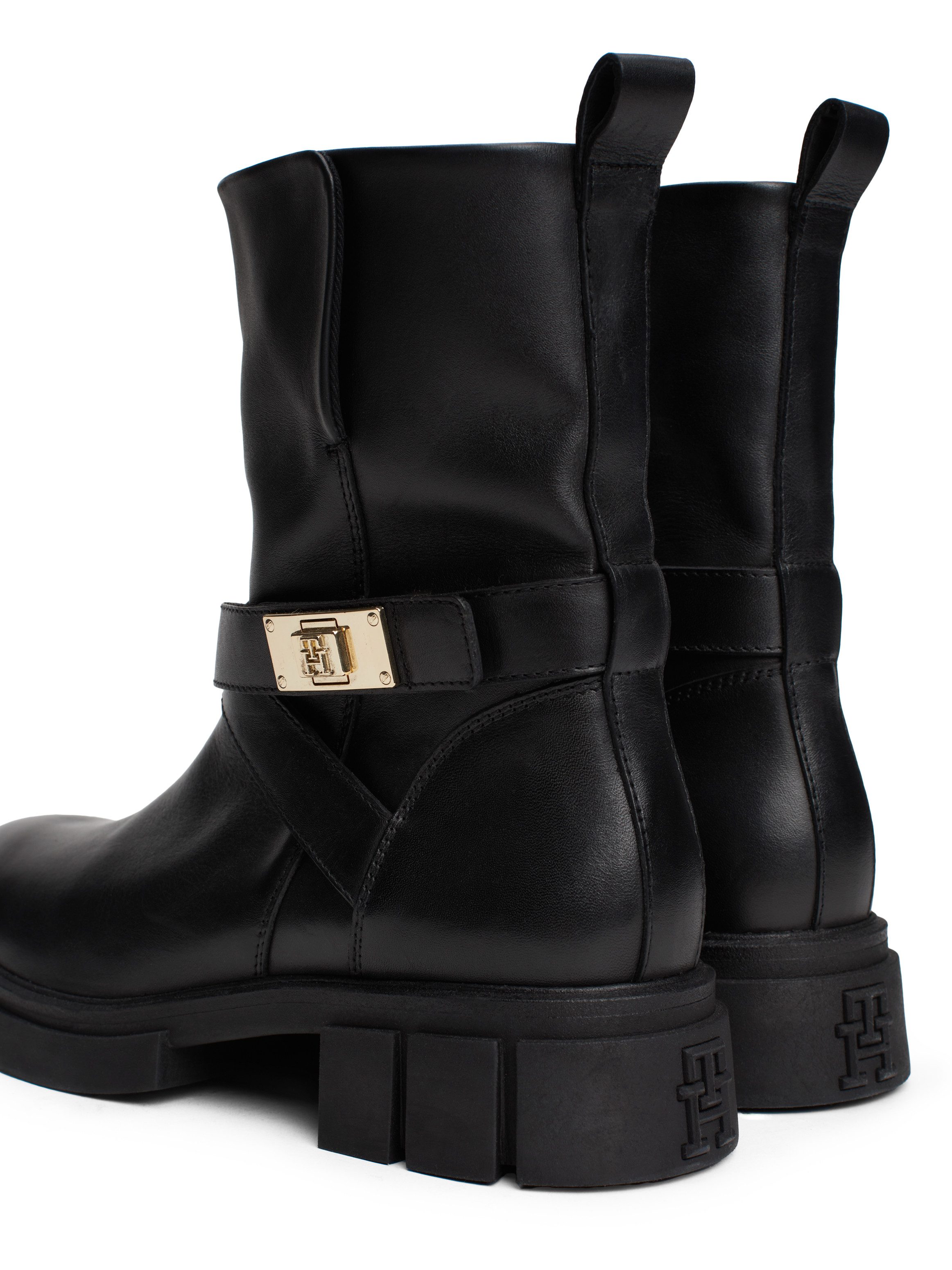Tommy Hilfiger Bikerboots BIKER LEATHER blokhak, enkellaars, laarzen met goudkleurige sieraad