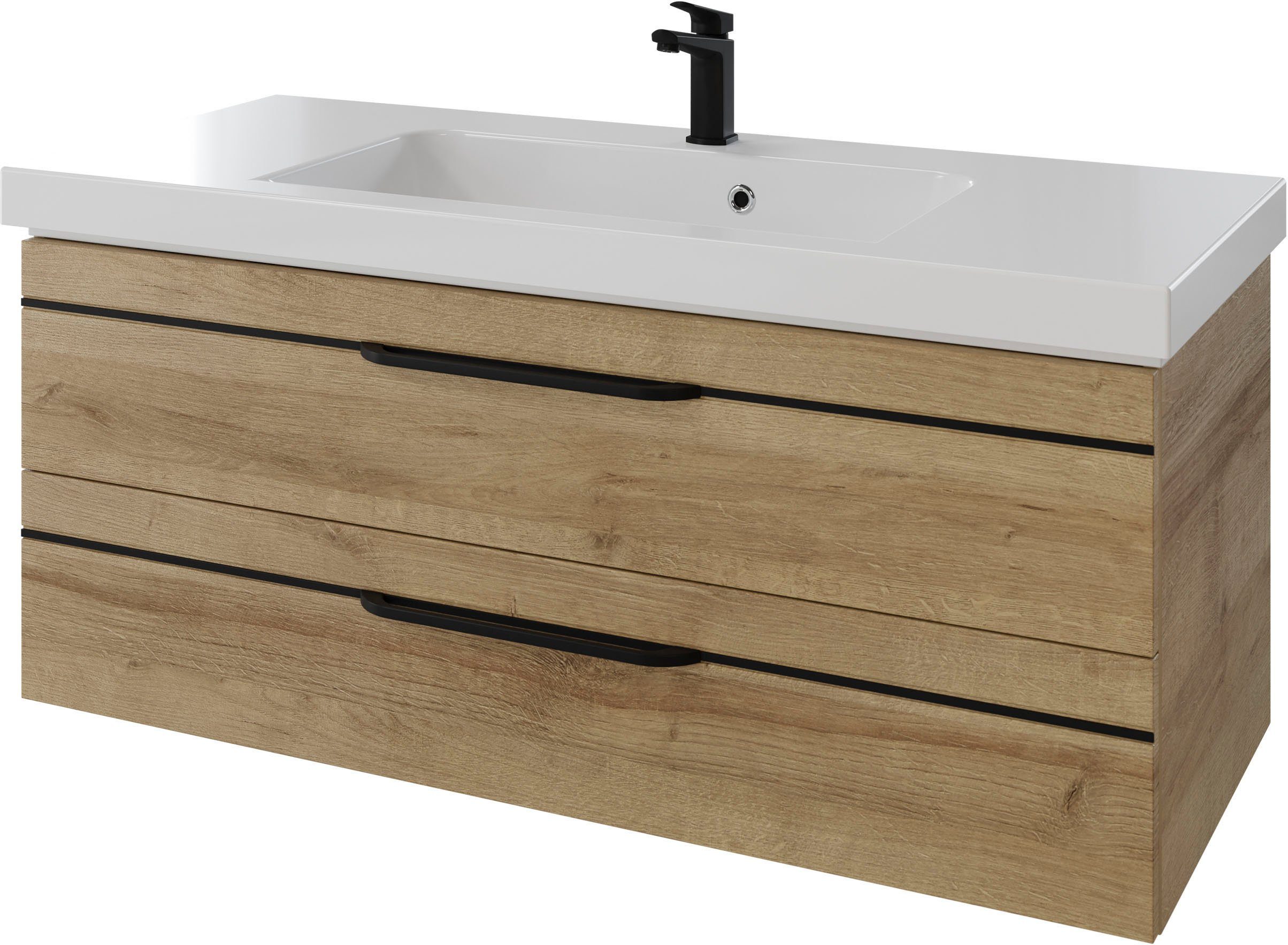 Saphir Wastafelonderkast Serie Balto mineraalmarmeren wastafel met onderkast, 123 cm breed Wastafelmeubel met 2 laden, badkamerkast in verschillende