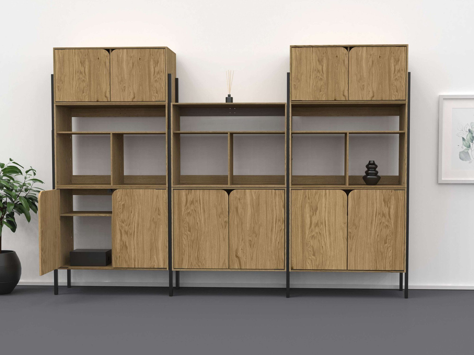 andas Dressoir Finton Commode met 3 open vakken, kast van massief eikenhout