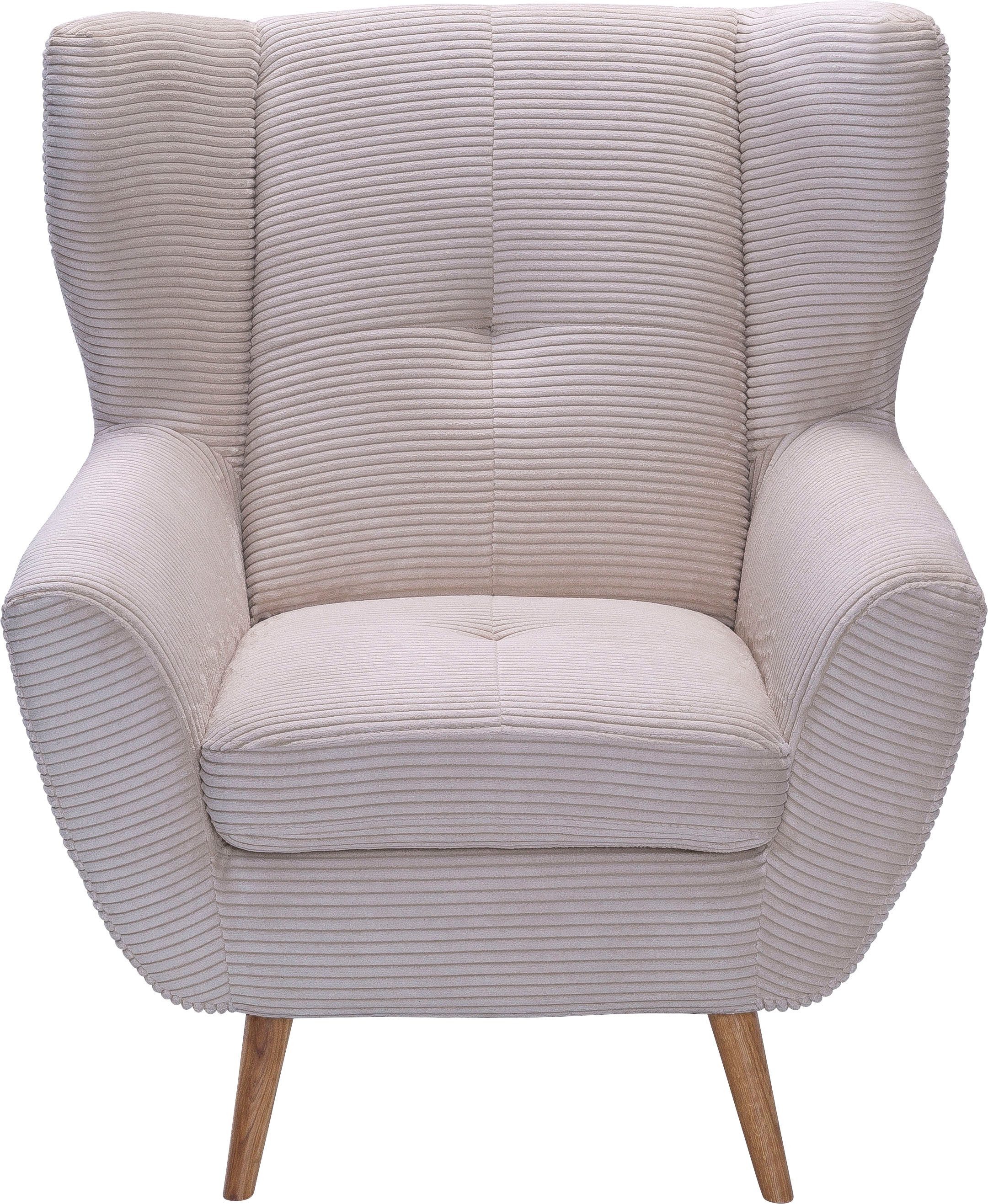 exxpo - sofa fashion Fauteuil ALVESTA, oortstoel, loungesofa met hoog zitcomfort gezellige rugleuning, met knoopstiksels en hoge houten voeten, in cord