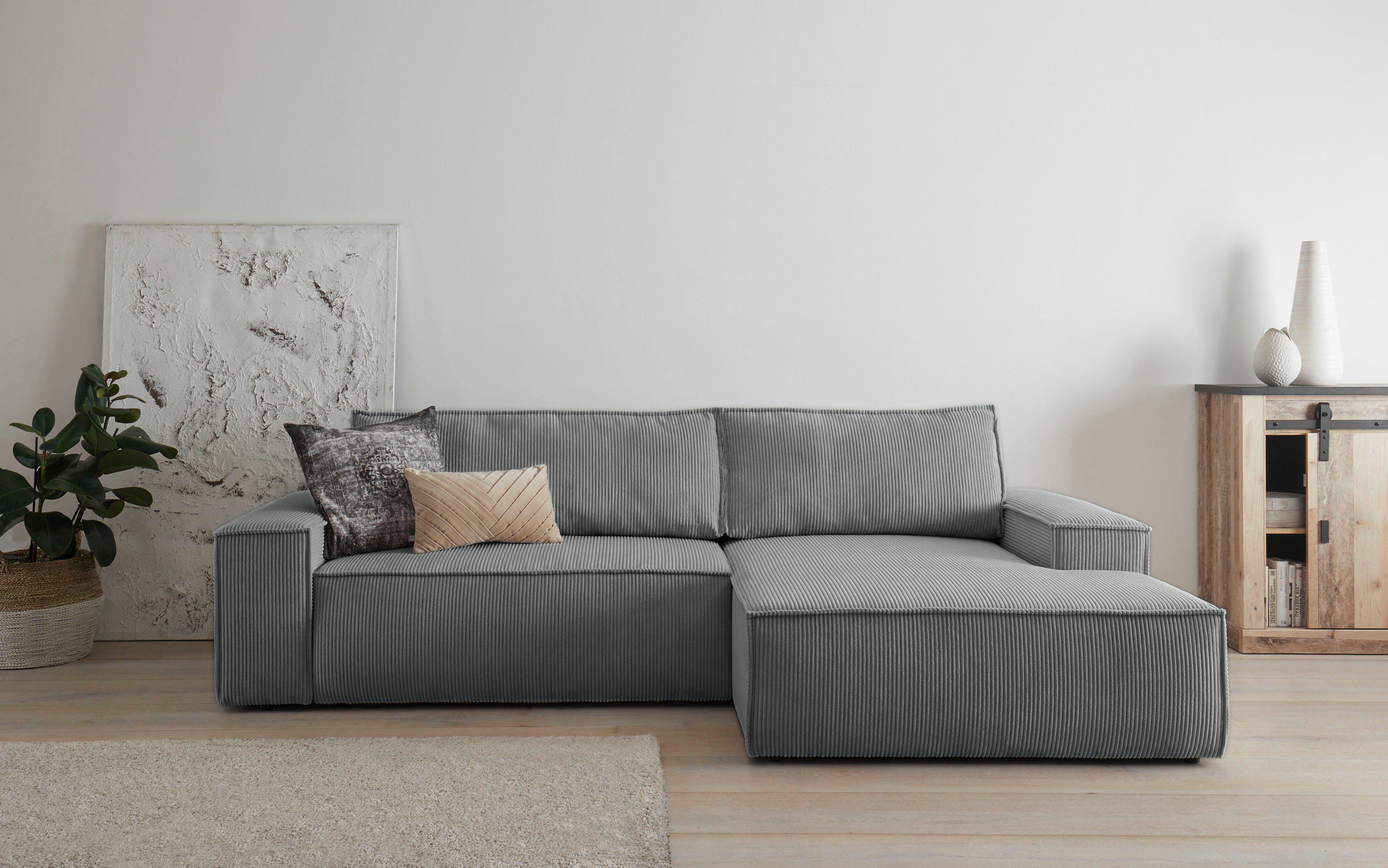 Home affaire Hoekbank SHERWOOD bedbank 267 cm, L-model, Slaapfunctie met bedlade (210x136 cm), cord, vintage, fluweel