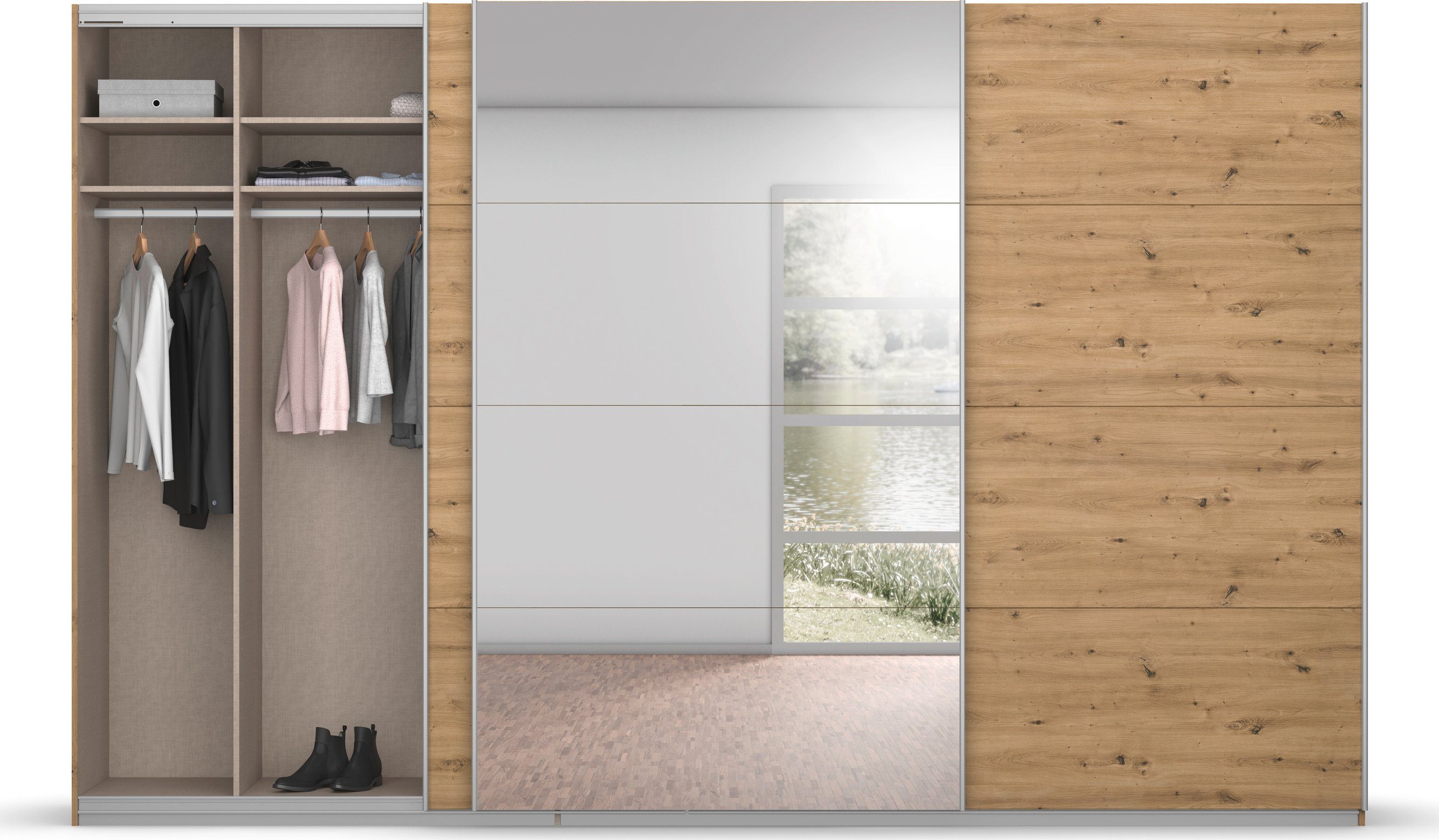 rauch Zweefdeurkast Kledingkast kast garderobe BESTSELLER KOLUNA met spiegel inclusief 2 binnenladen en extra legplanken made in germany