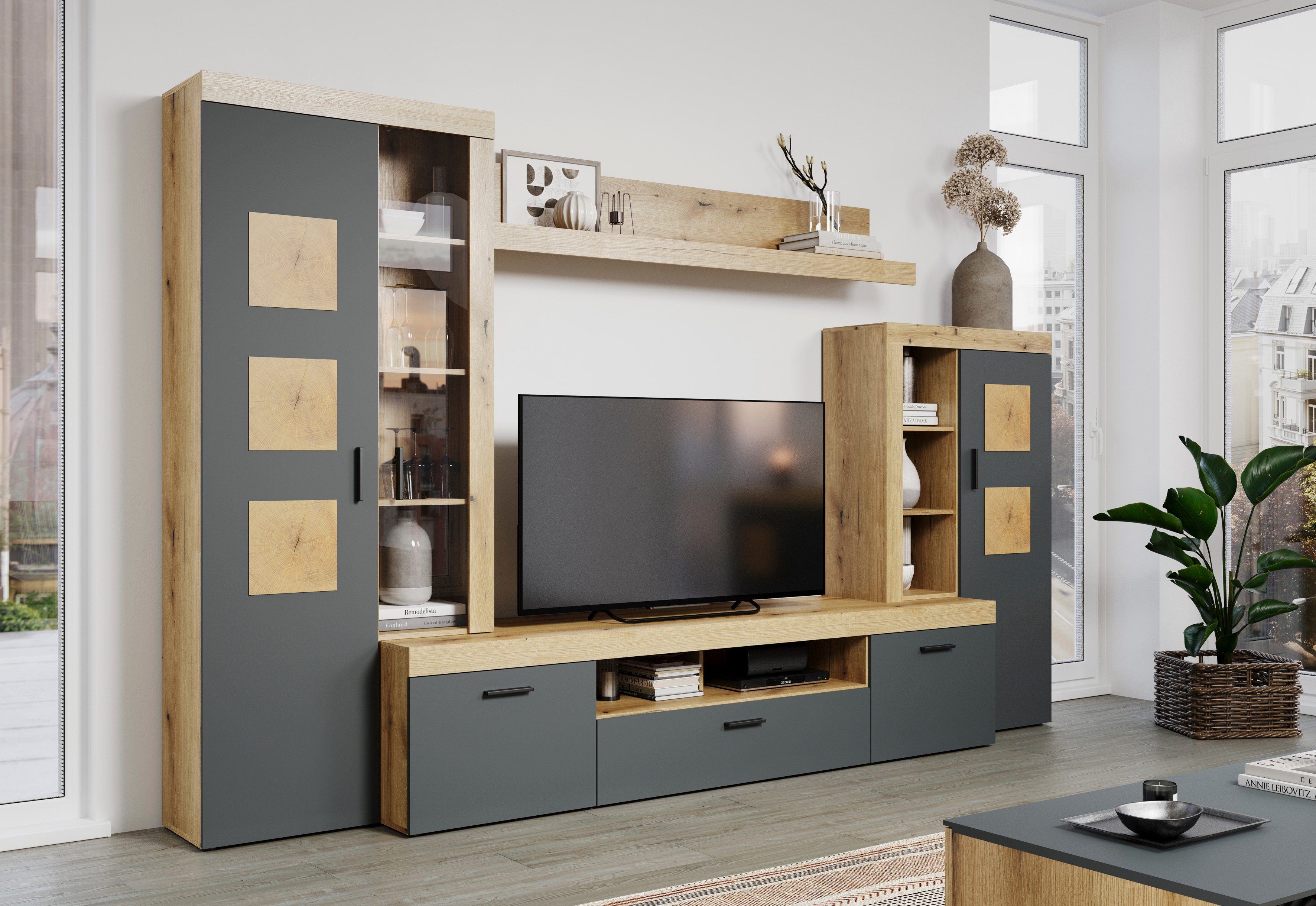 Home affaire Wandmeubel Gent Met applicaties van kopshout - gemonteerd (bxdxh): 331x52x206 cm (complete set, 4-delig)