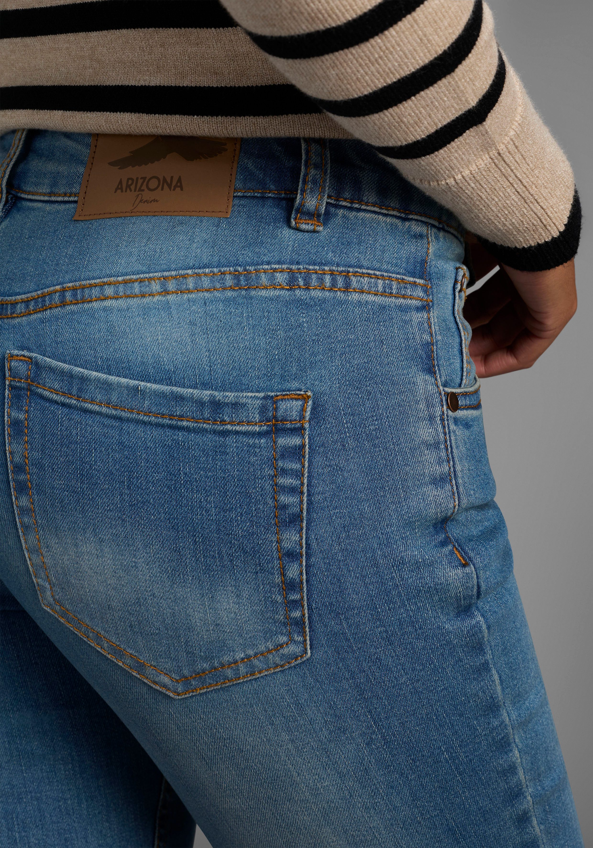 Arizona Slim fit jeans Tailleband met zij-elastiek inzet smalle pasvorm, skinny jeans, used-wassing, hoge taille