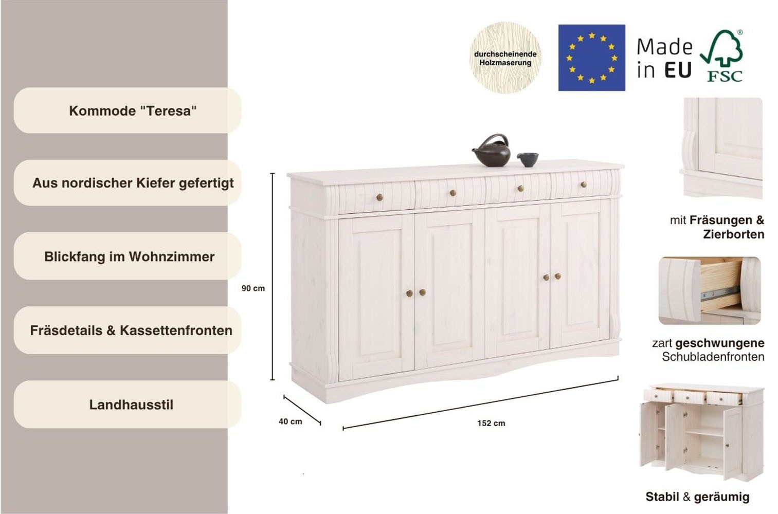 Home affaire Dressoir Teresa Commode, 4-deurs, breedte 152 cm, van massief dennenhout, FSC®