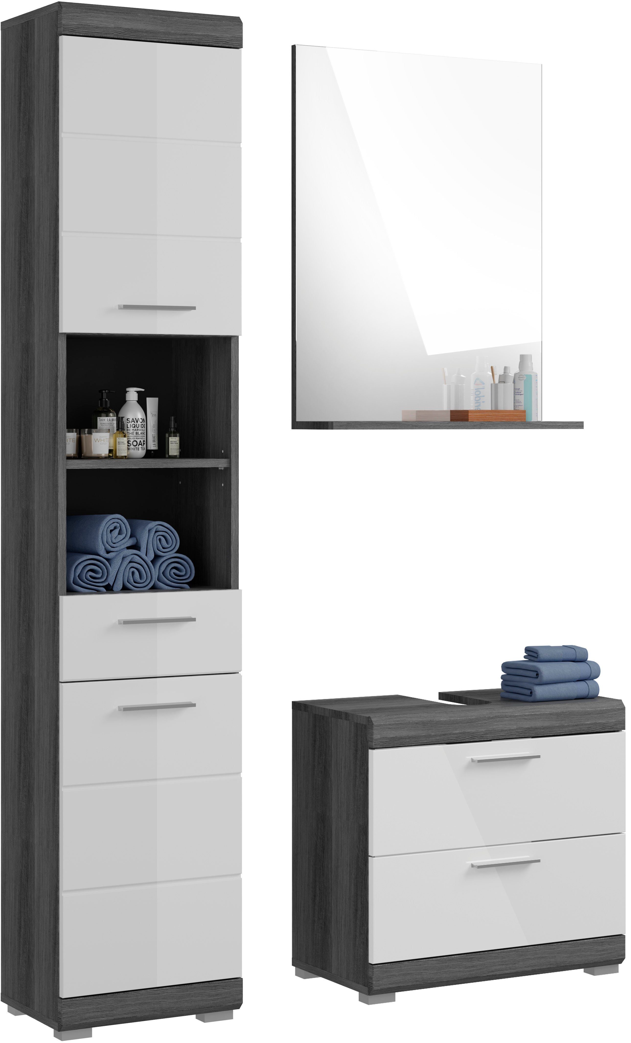 inosign badkamerserie siena badkamermeubels, hoge kast, spiegel, wastafelkast (set, 3-delig) grijs