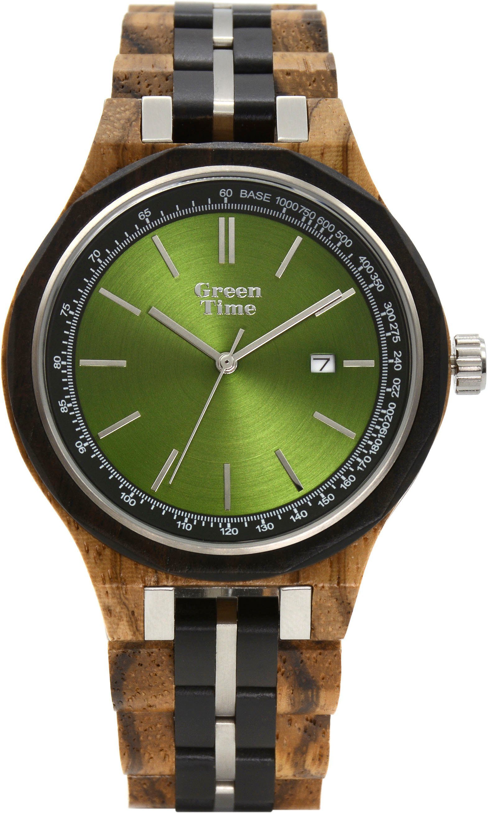 GreenTime Kwartshorloge ZW166C Polshorloge, herenhorloge, houten horloge, datum