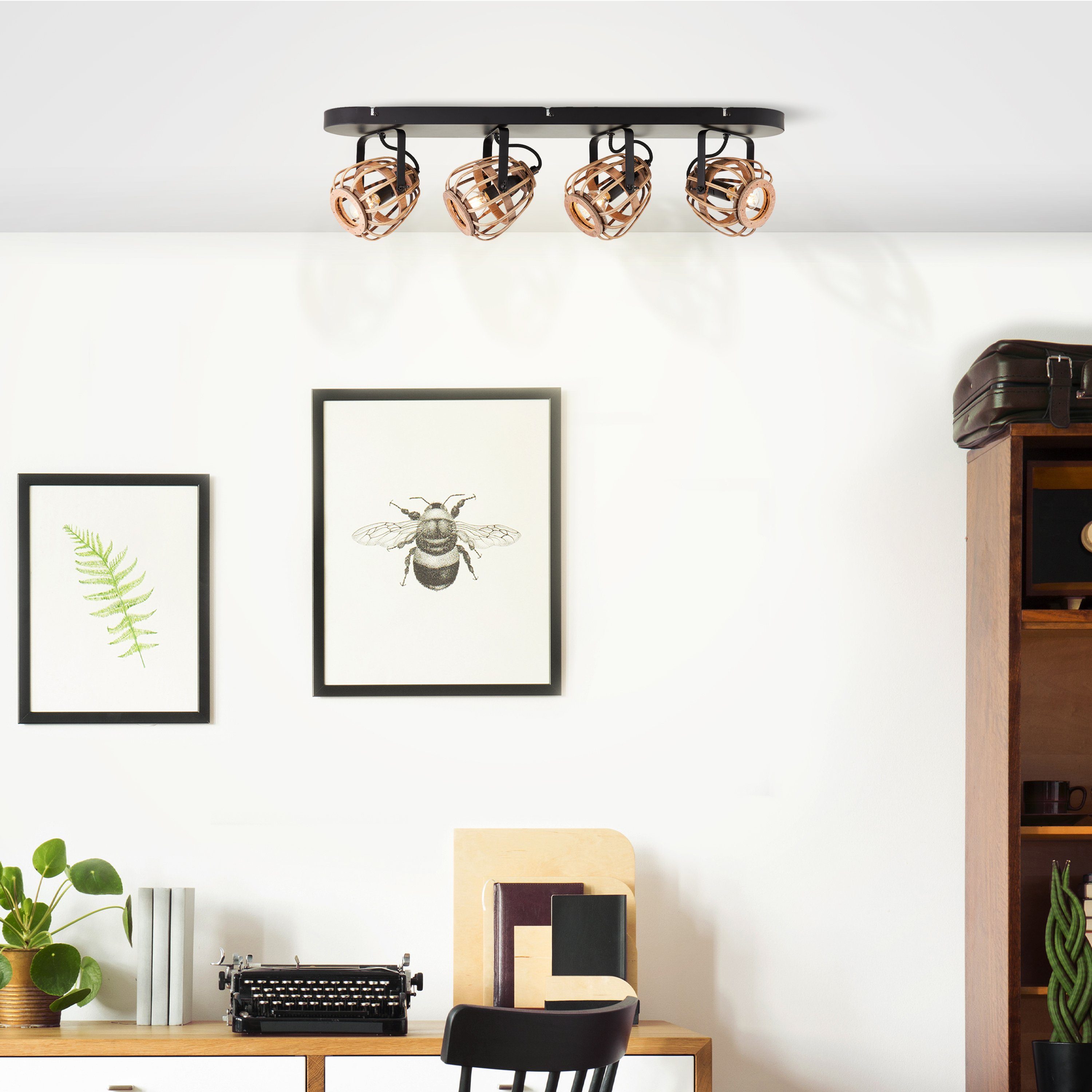 Home affaire Plafondlamp Grazay 4-vlamig spotbalk, 72 cm breed - draaibaar, kappen van rattan (1 stuk)