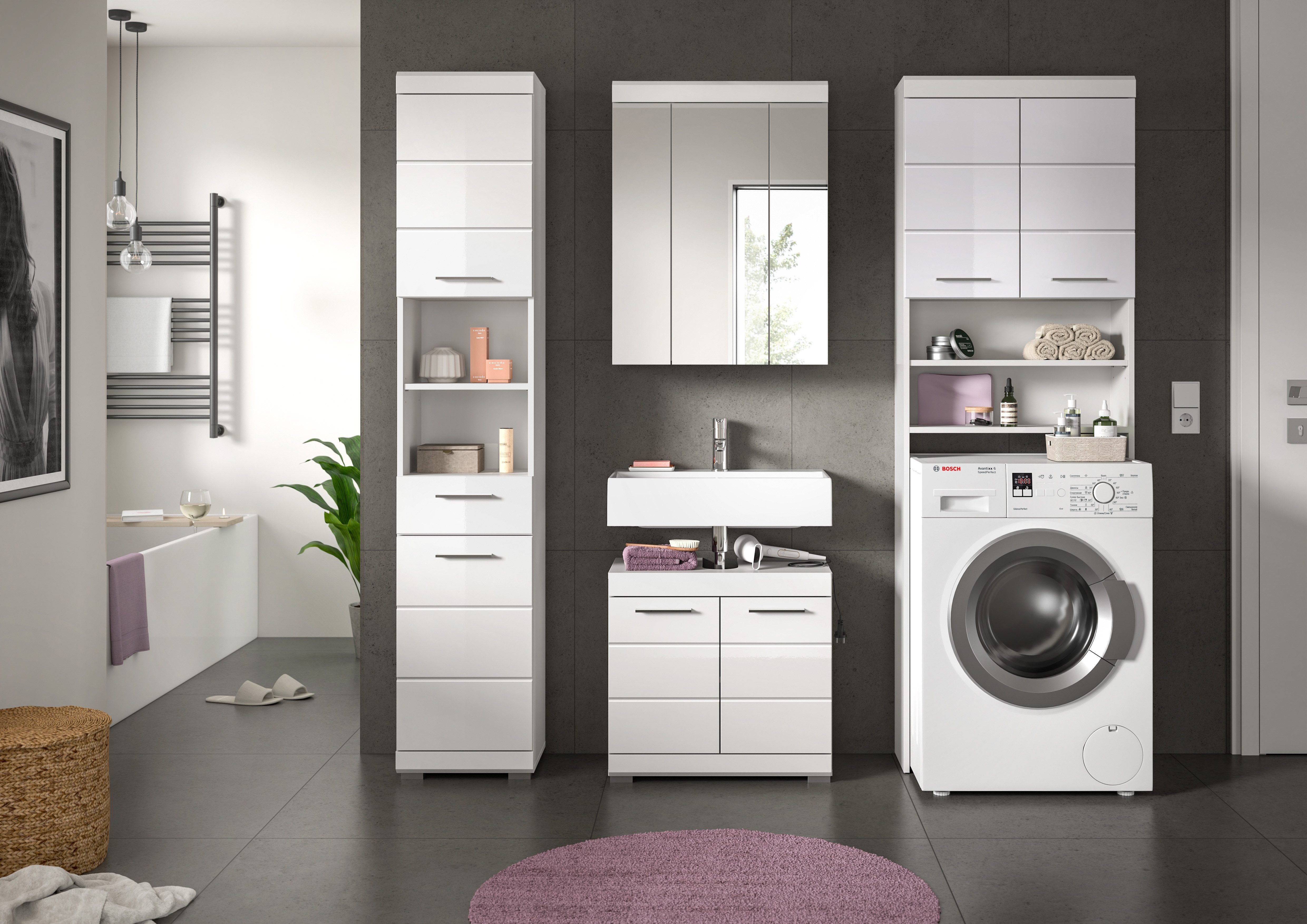 INOSIGN Badkamerserie Siena, 4-delig, bestaande uit: Hoge kast, WBU, spiegelkast, wasmachine ombouwkast (set, 4-delig)