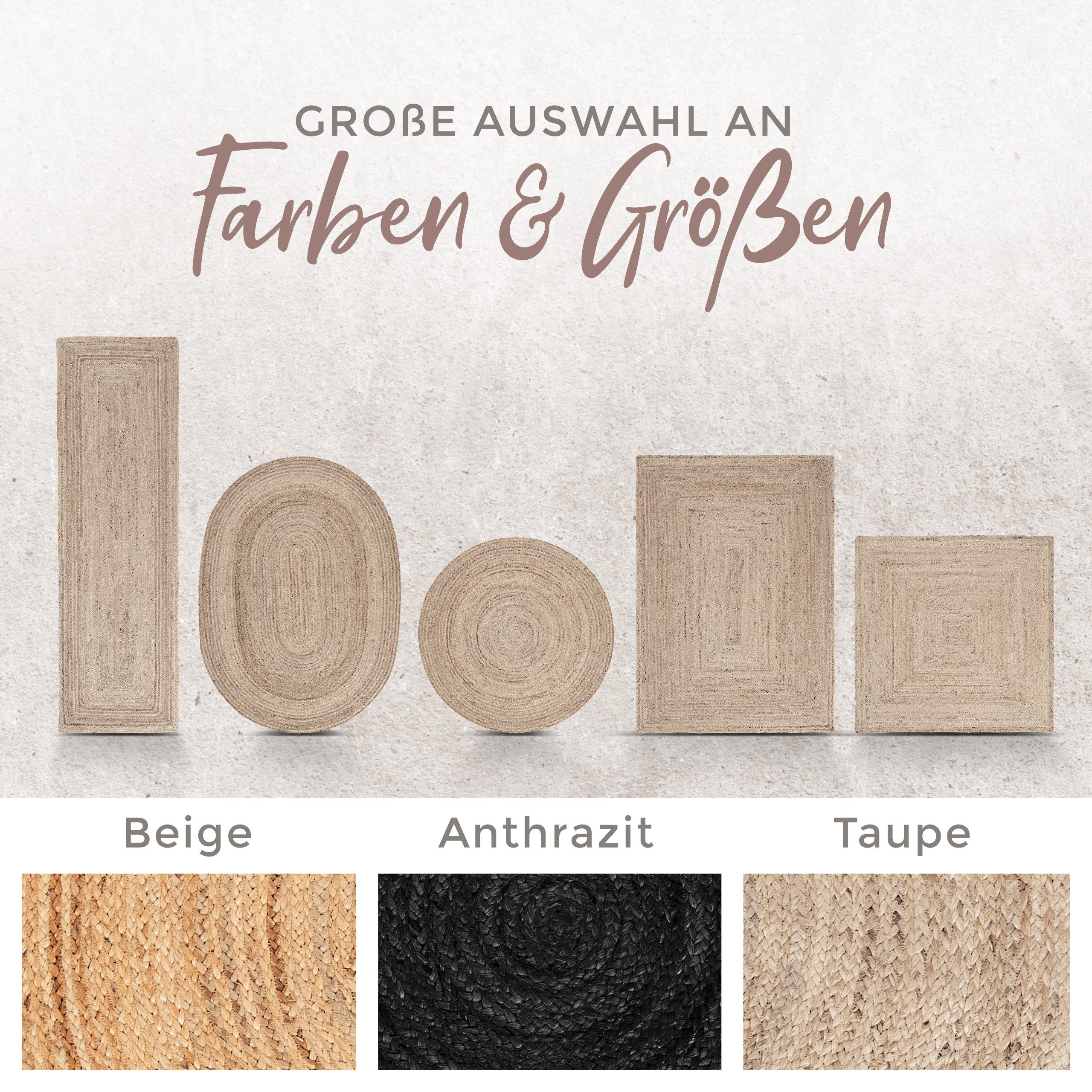 carpetfine Vloerkleed Nele jute-vloerkleed natuurmateriaal gevlochten tweezijdig te gebruiken kleed van 100% jute, in rond en ovaal, vele maten